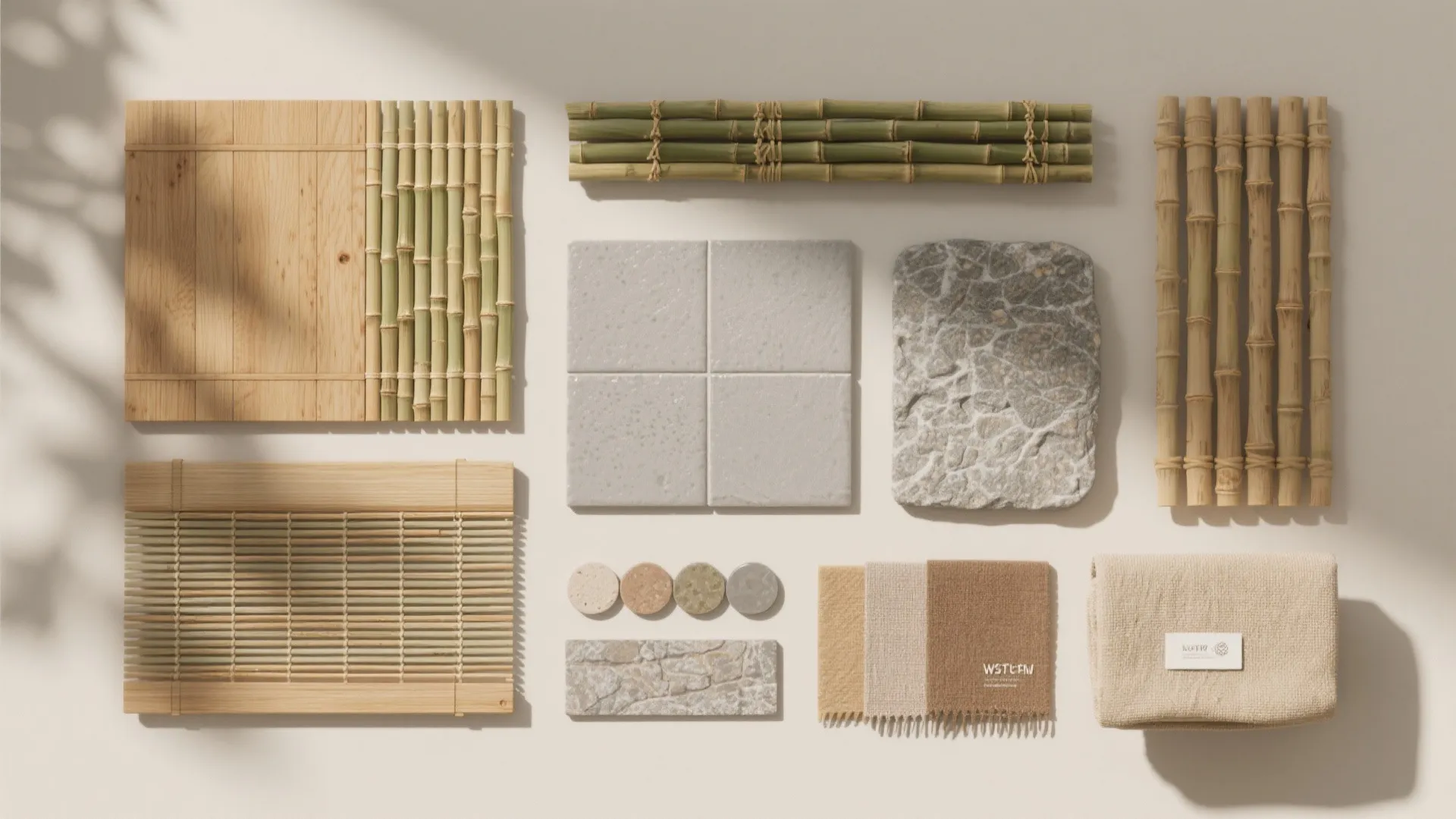 Hinoki wood, bamboo, stone, and neutral tiles in a design flat lay