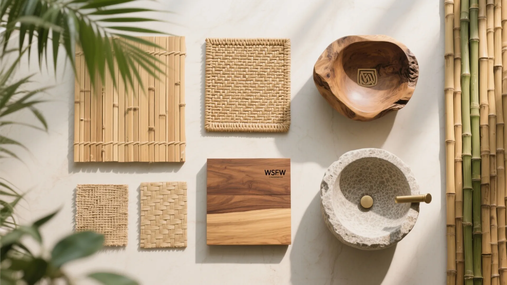 Natural bathroom materials like bamboo, rattan, teak and stone