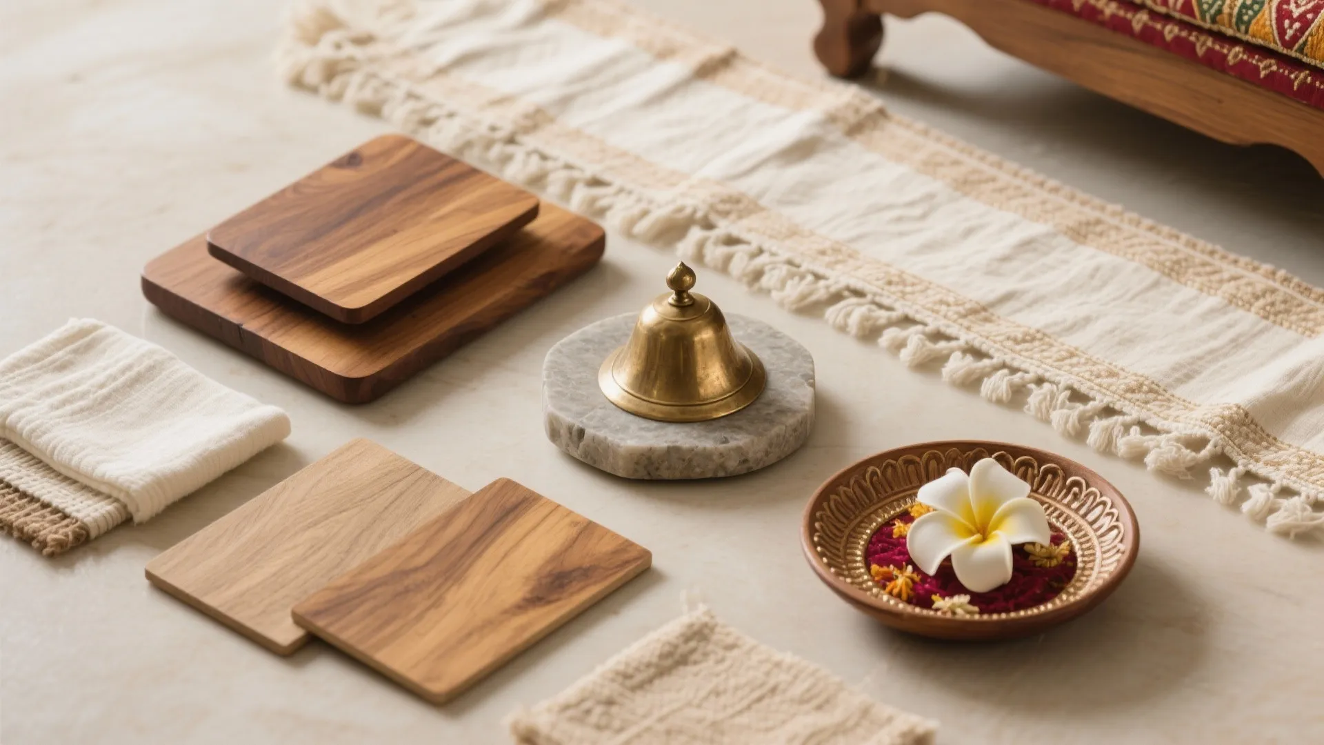 Natural materials flatlay with wood samples brass bell stone base white flower and linen fabric