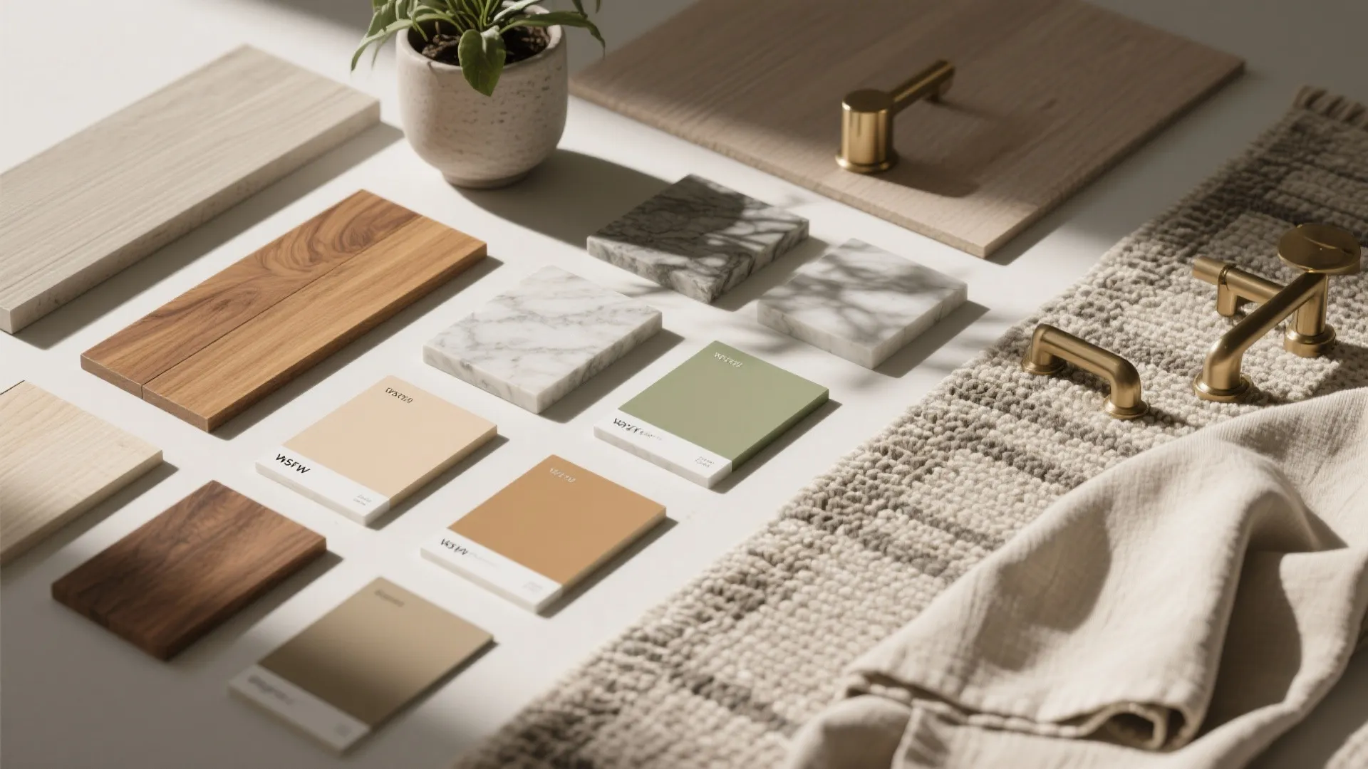Flatlay of natural material samples: oak, stone, matte metal and linen swatches.