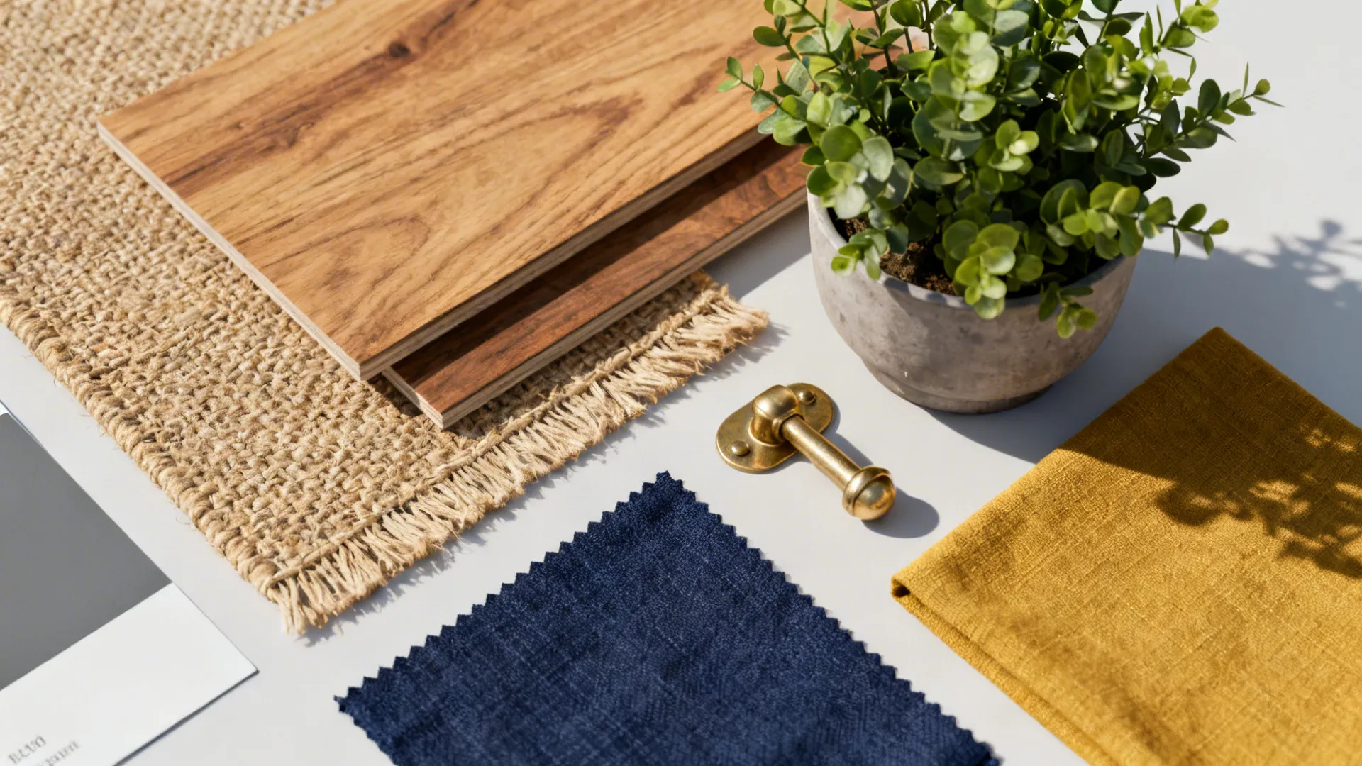 Top-down flatlay of oak, jute, brass, navy and mustard fabric swatches and grey paint chips.