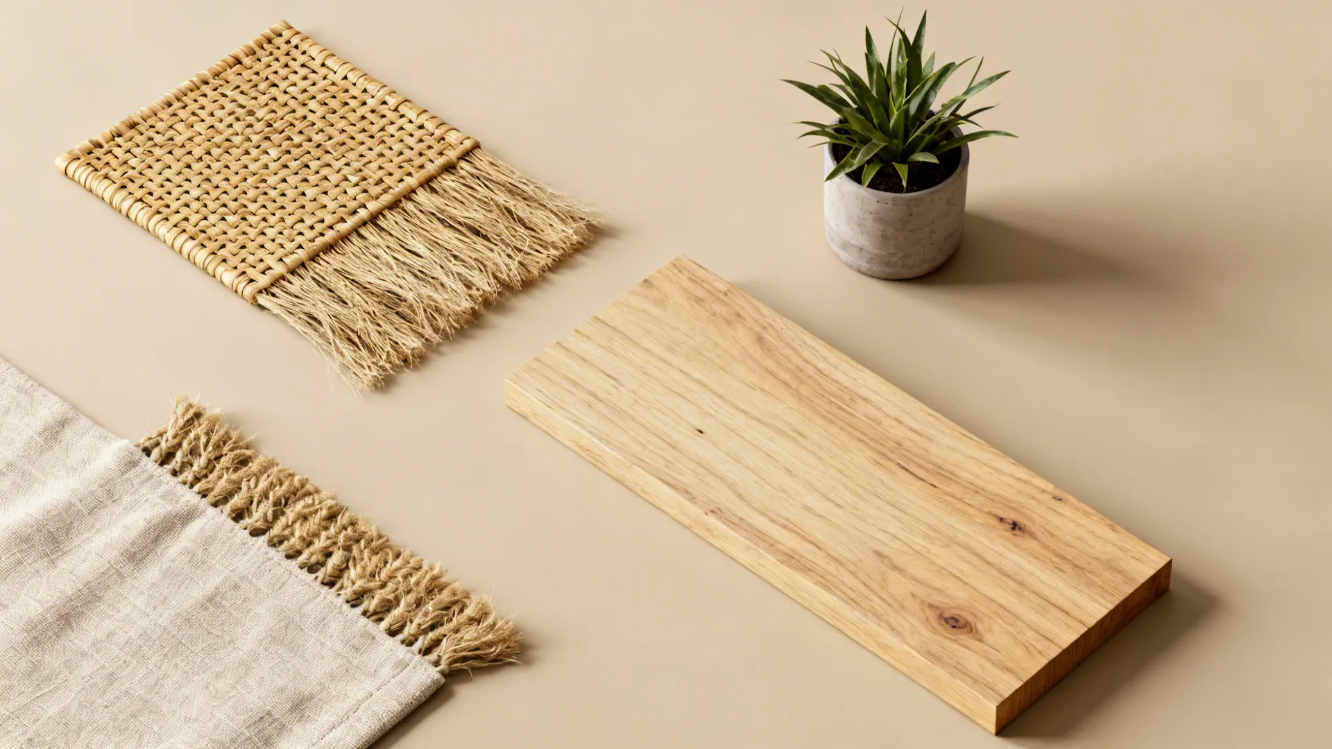 Flatlay of rattan, light oak, jute, linen and a potted plant on beige background.