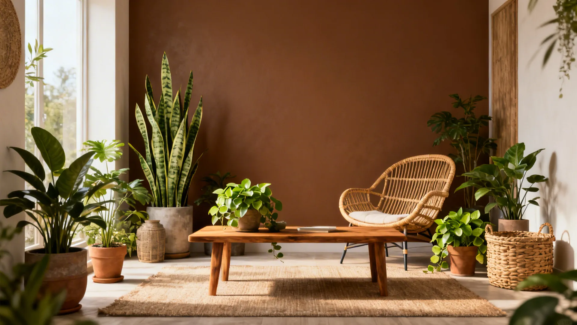 Brown wall with rattan furniture and green plants creating a biophilic small living room