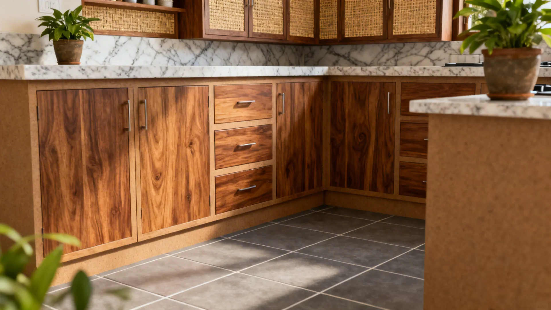 Kerala-style kitchen with teak-look laminate cabinets, quartz countertops, rattan accents and anti-skid vitrified tile floor.
