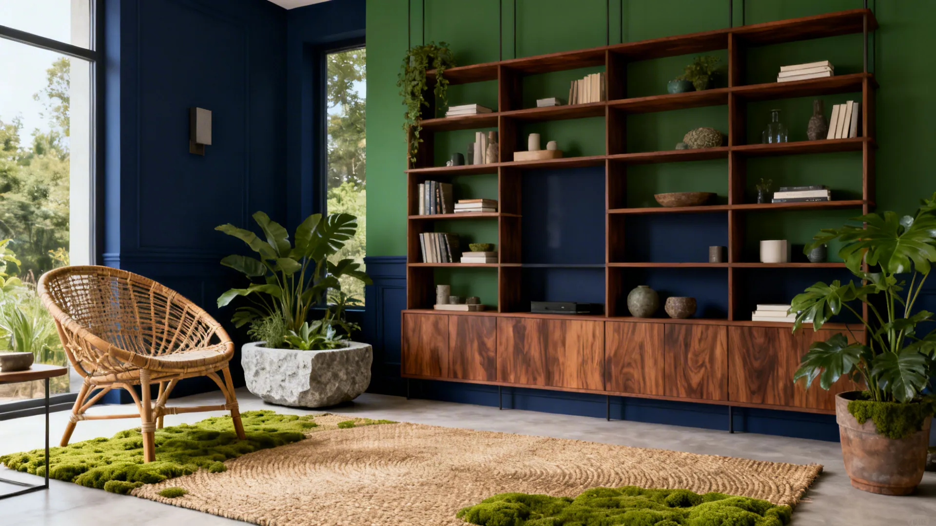 Living room details with walnut shelving, rattan chair, jute rug and green plants