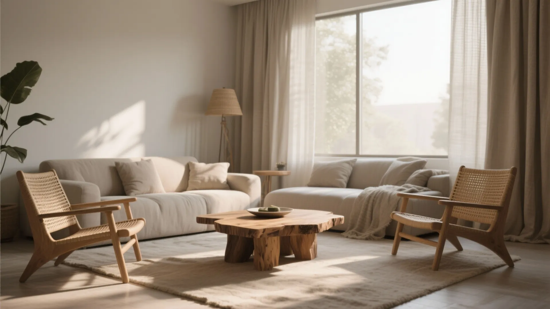 Minimalist living room with beige sofas, wooden coffee table, woven chairs, rug, and large windows