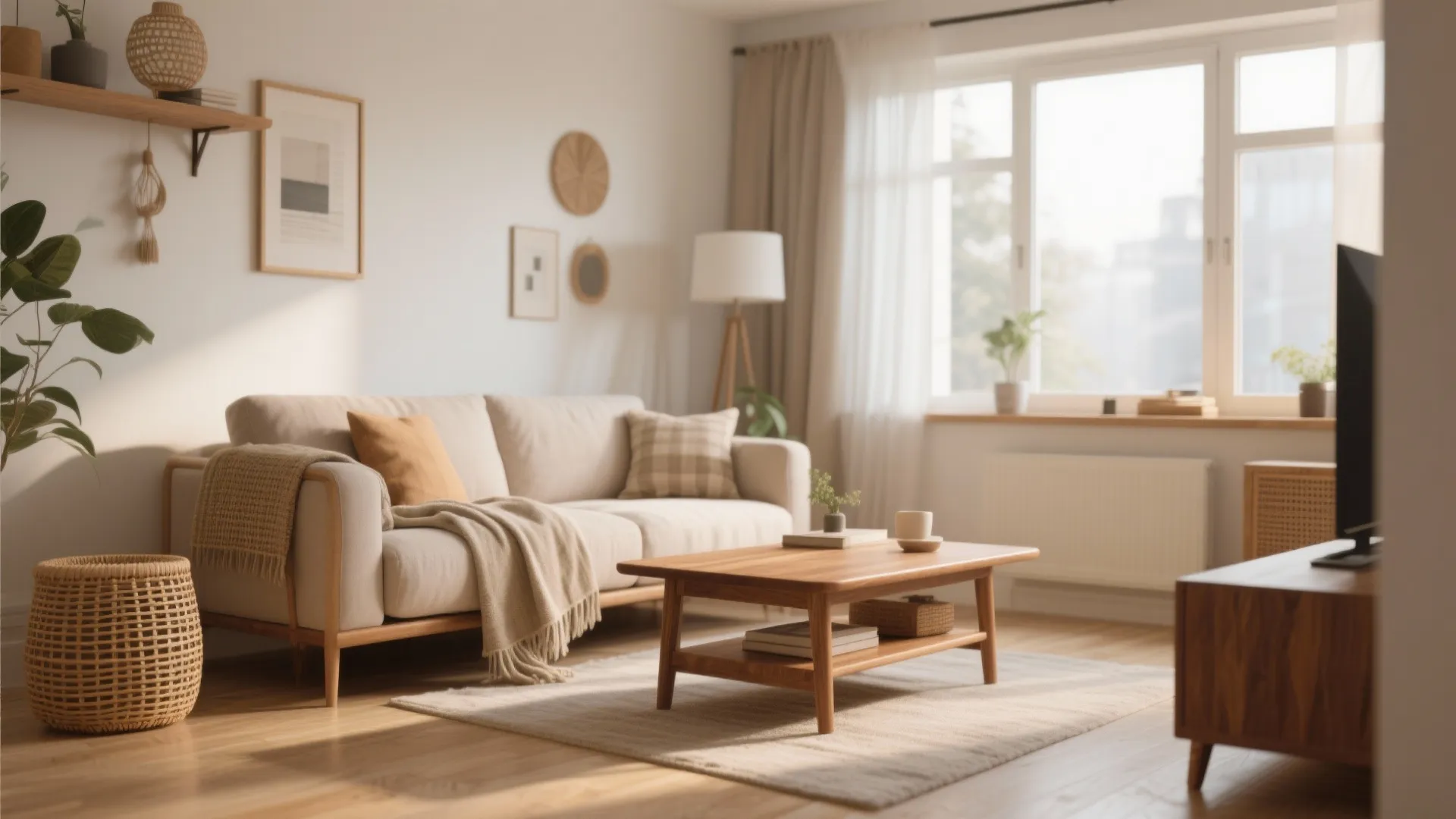 Cozy living room with beige sofa wooden coffee table wicker basket wall art and natural light