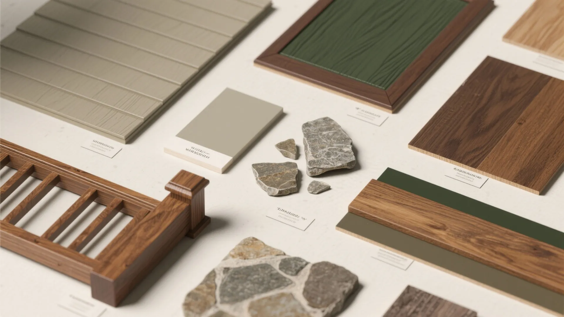 Collection of house building material samples including wood panels stone pieces green board and siding
