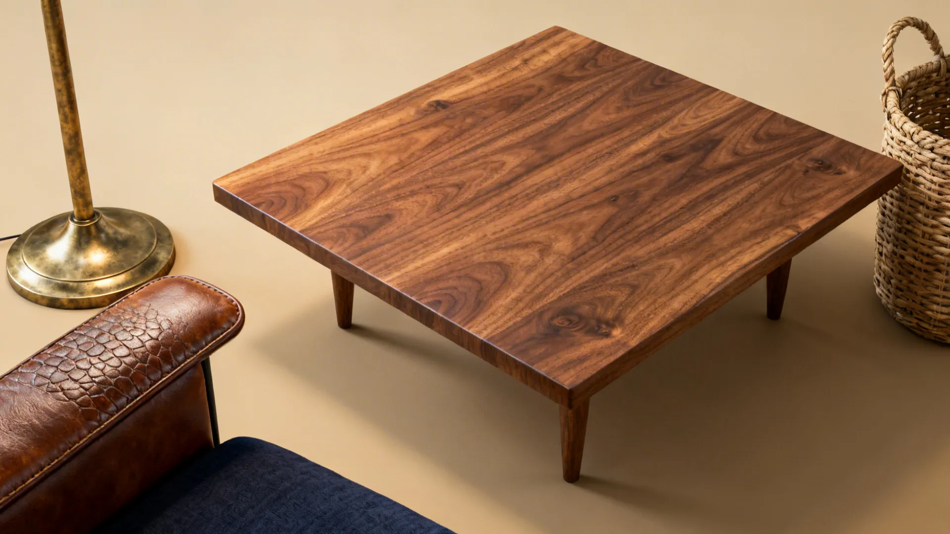 Natural wood, leather and brass accents paired with navy upholstery on a beige backdrop.