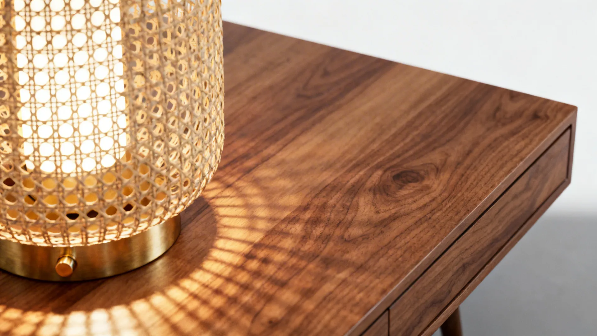Close-up of rattan, oak and brushed brass details against a white-grey interior