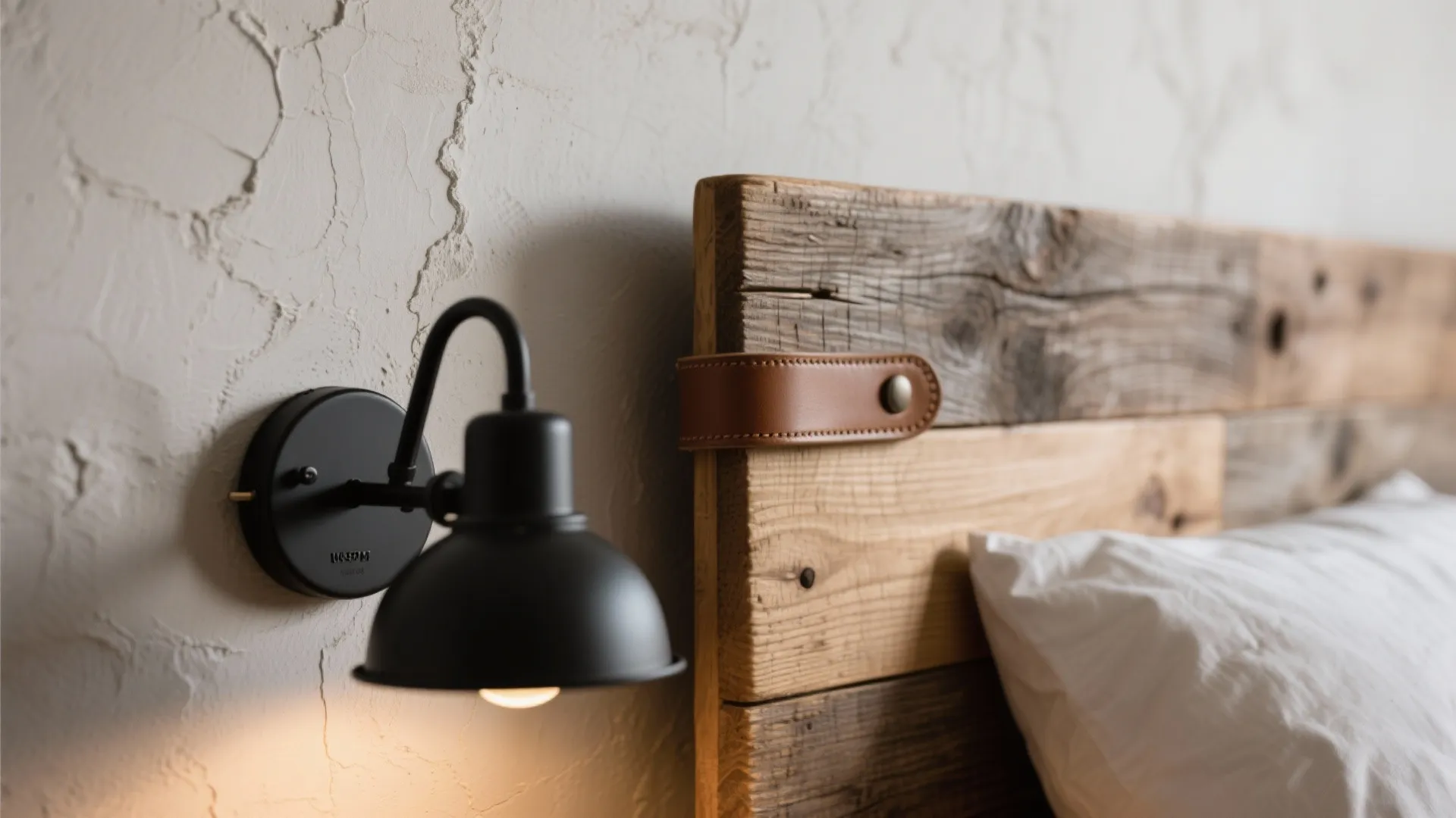 Black wall light mounted on white textured wall next to rustic wood headboard with leather