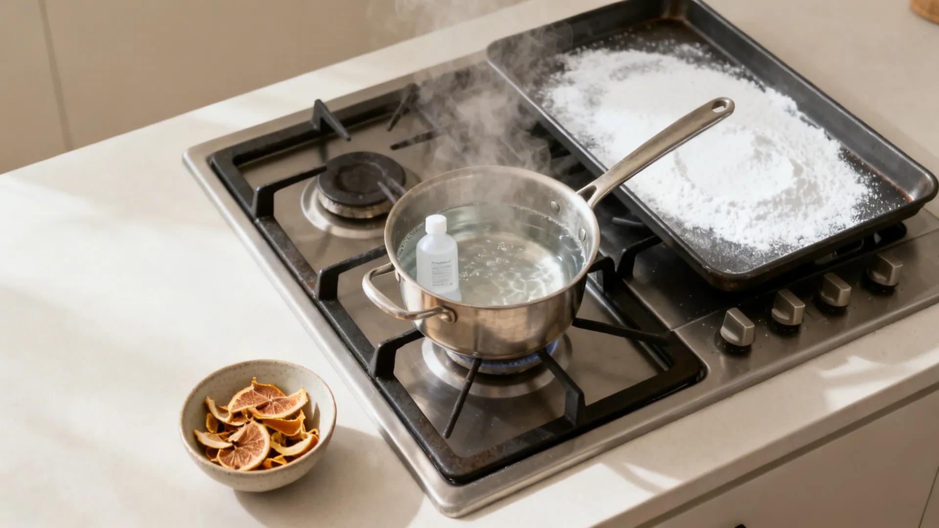 Pot of boiling water with small bottle on stove next to tray of cleaning powder