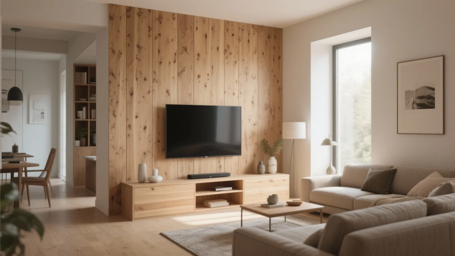 Modern living room featuring a natural wood wall panel behind a wall mounted flat television