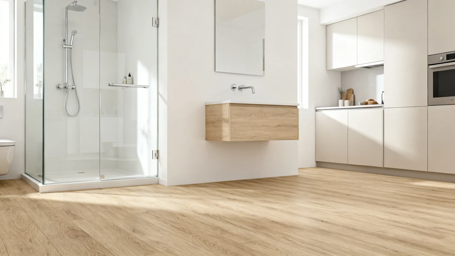 Light natural oak vinyl flooring brightens a compact bathroom and kitchenette.