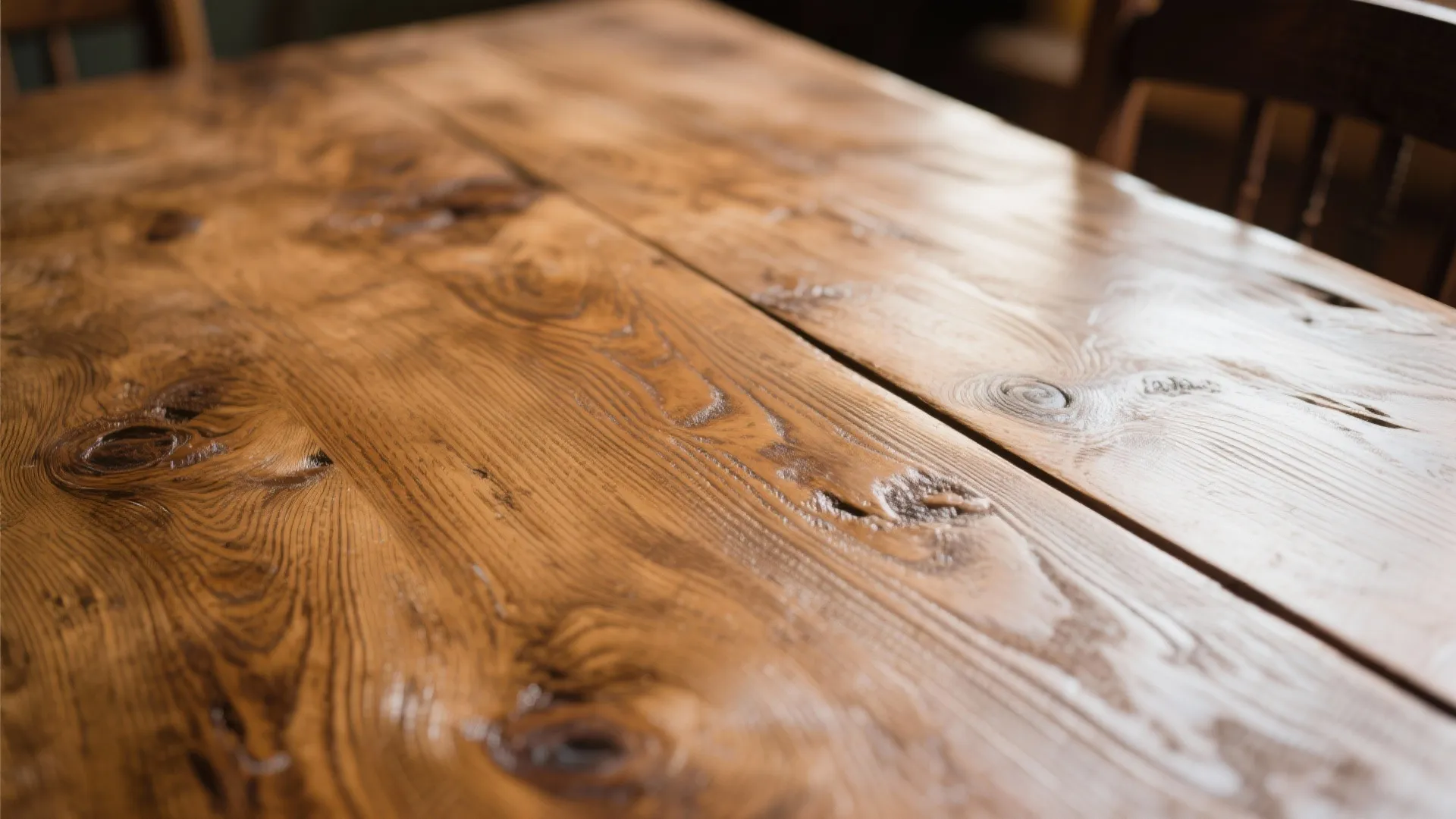 Close up of a polished wooden dining table with a natural brown finish and visible grain