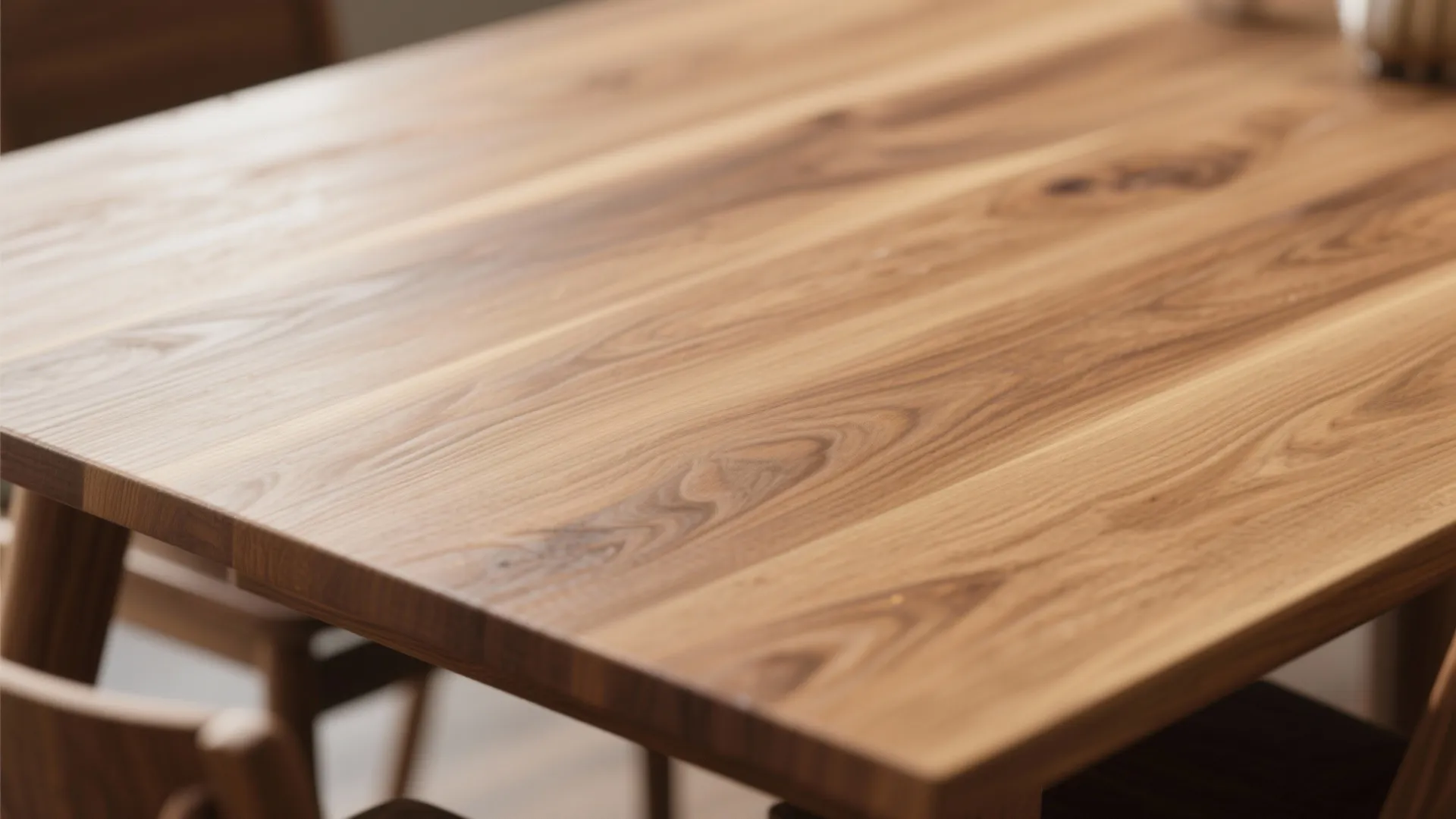 Close up of a smooth wooden dining table surface showing natural wood grain and texture