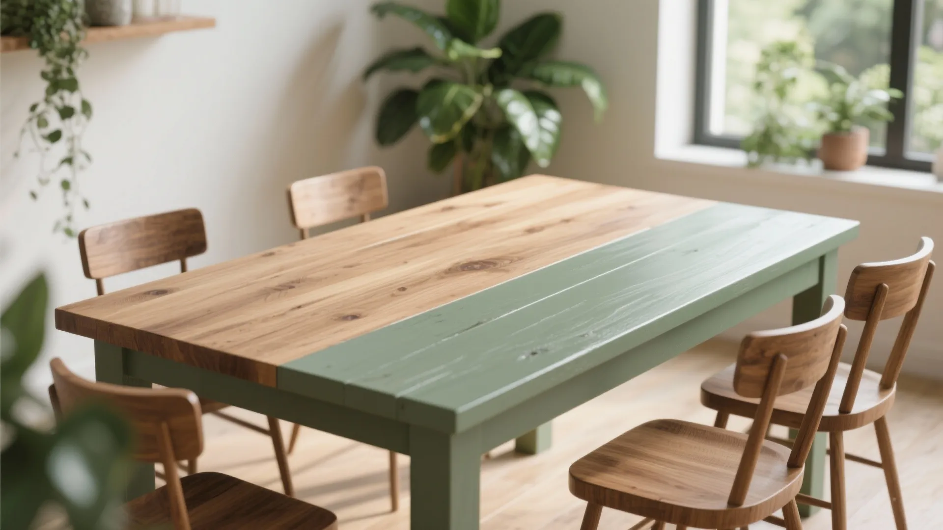 Wooden dining table featuring green paint details surrounded by wooden chairs in a bright room