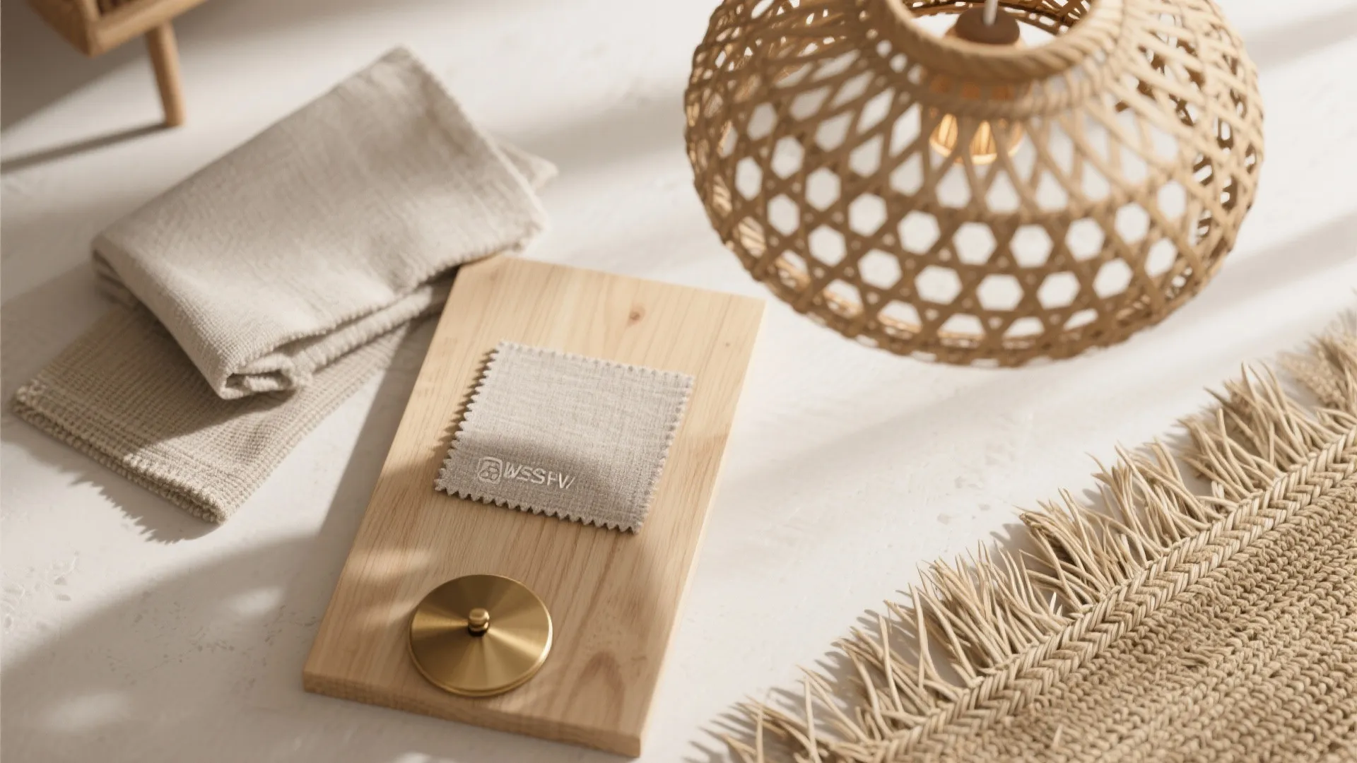 Flat lay of rattan, linen, oak veneer, and matte brass showcasing warm natural chandelier materials.