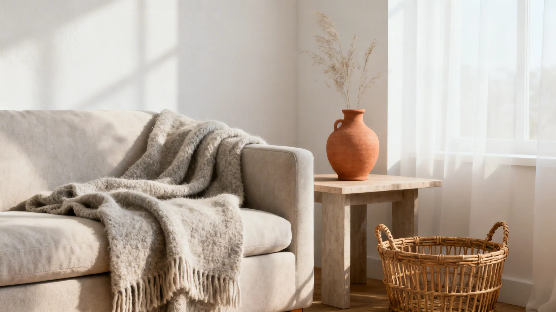 Living room corner with warm neutral palette, wool throw, rattan basket, and terracotta vase.