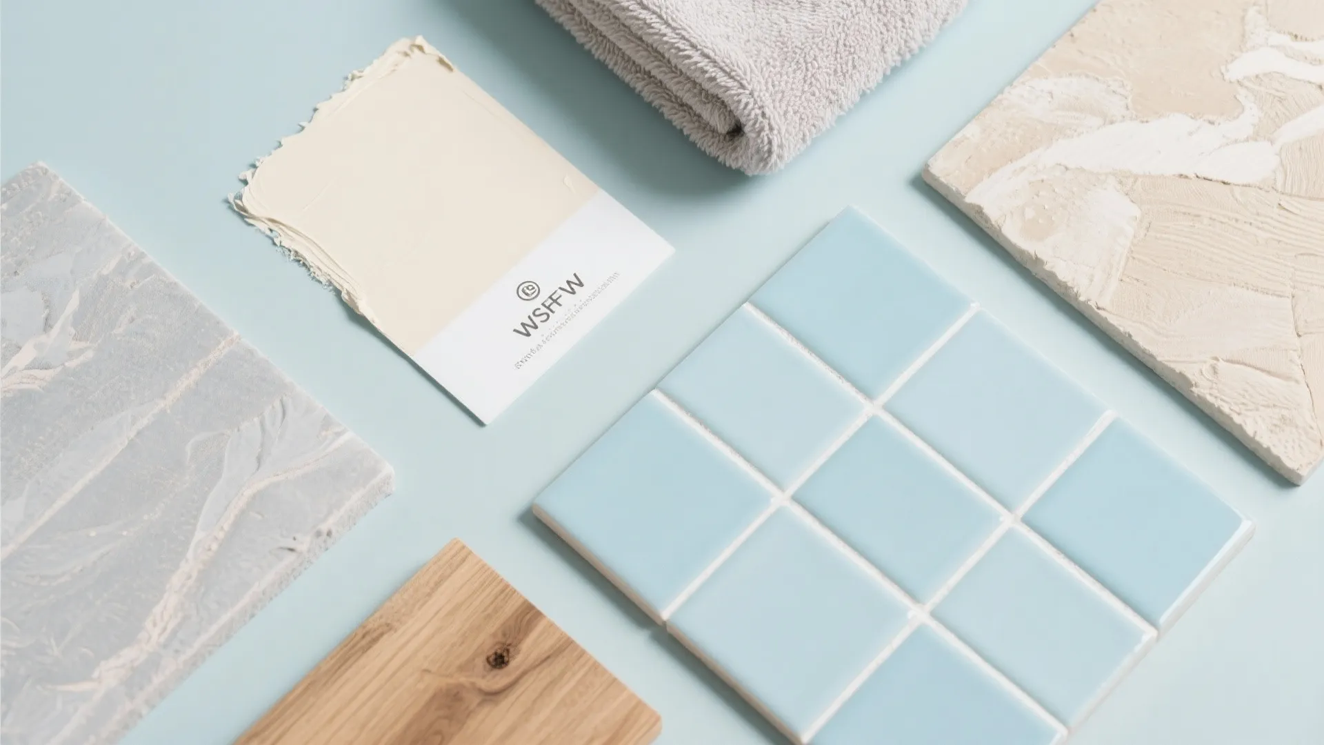 Interior design mood board with blue tiles, wood sample, textured plaster, and soft grey towel