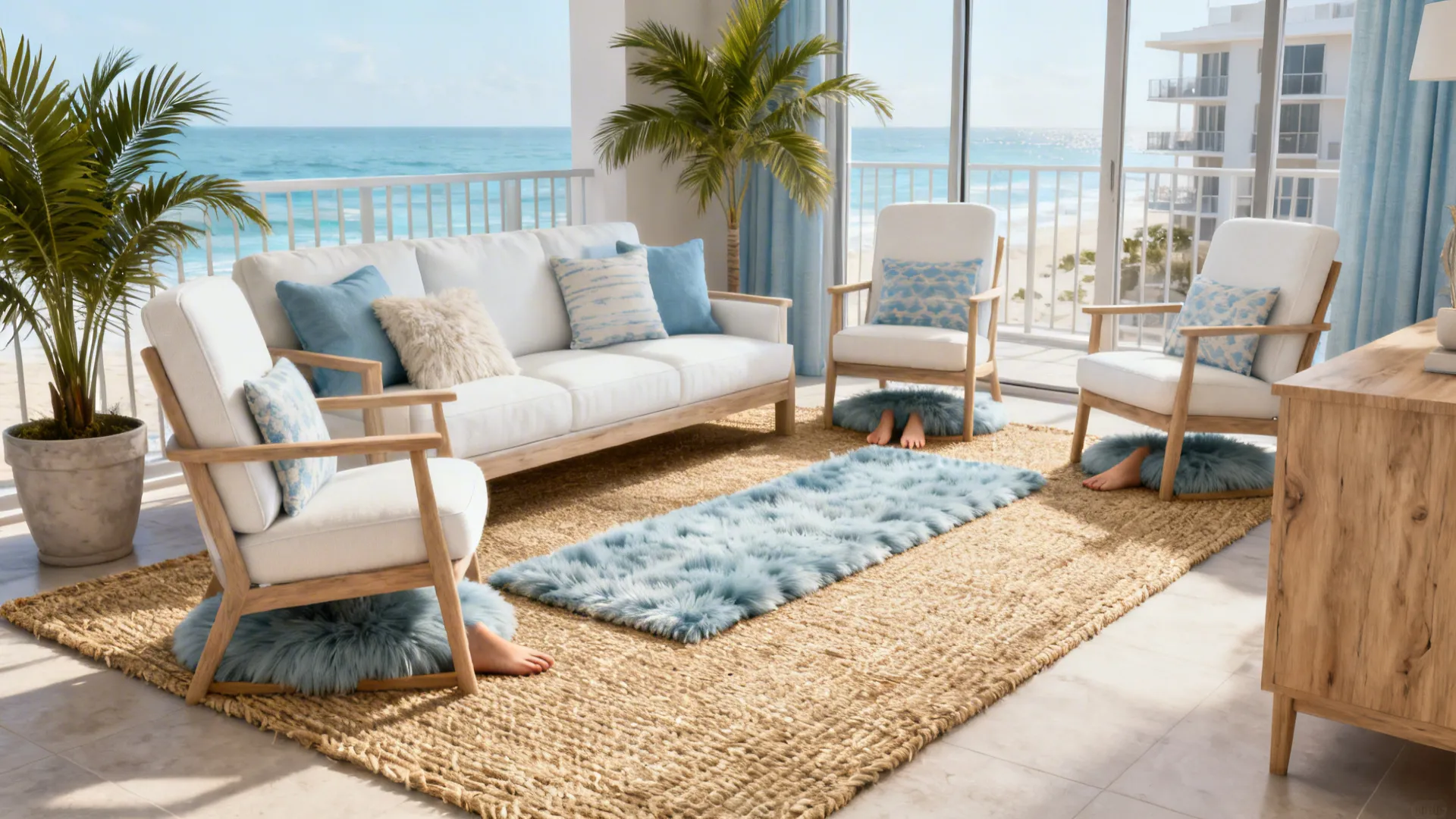 Coastal seating area with sisal base rug and plush runner for seating comfort, natural textures and light tones.