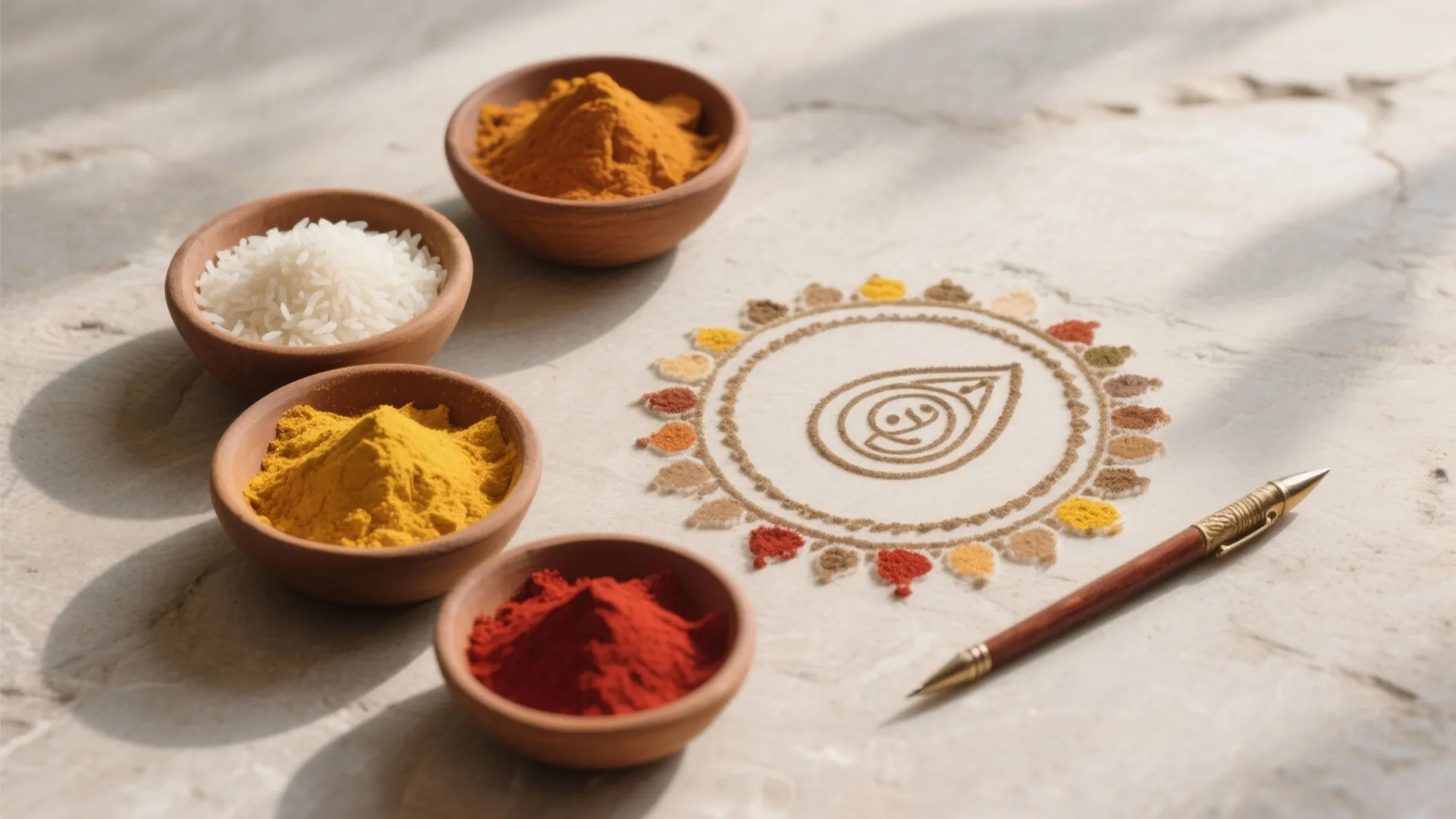 Four small clay bowls with colored powder and rice next to a detailed floor art drawing