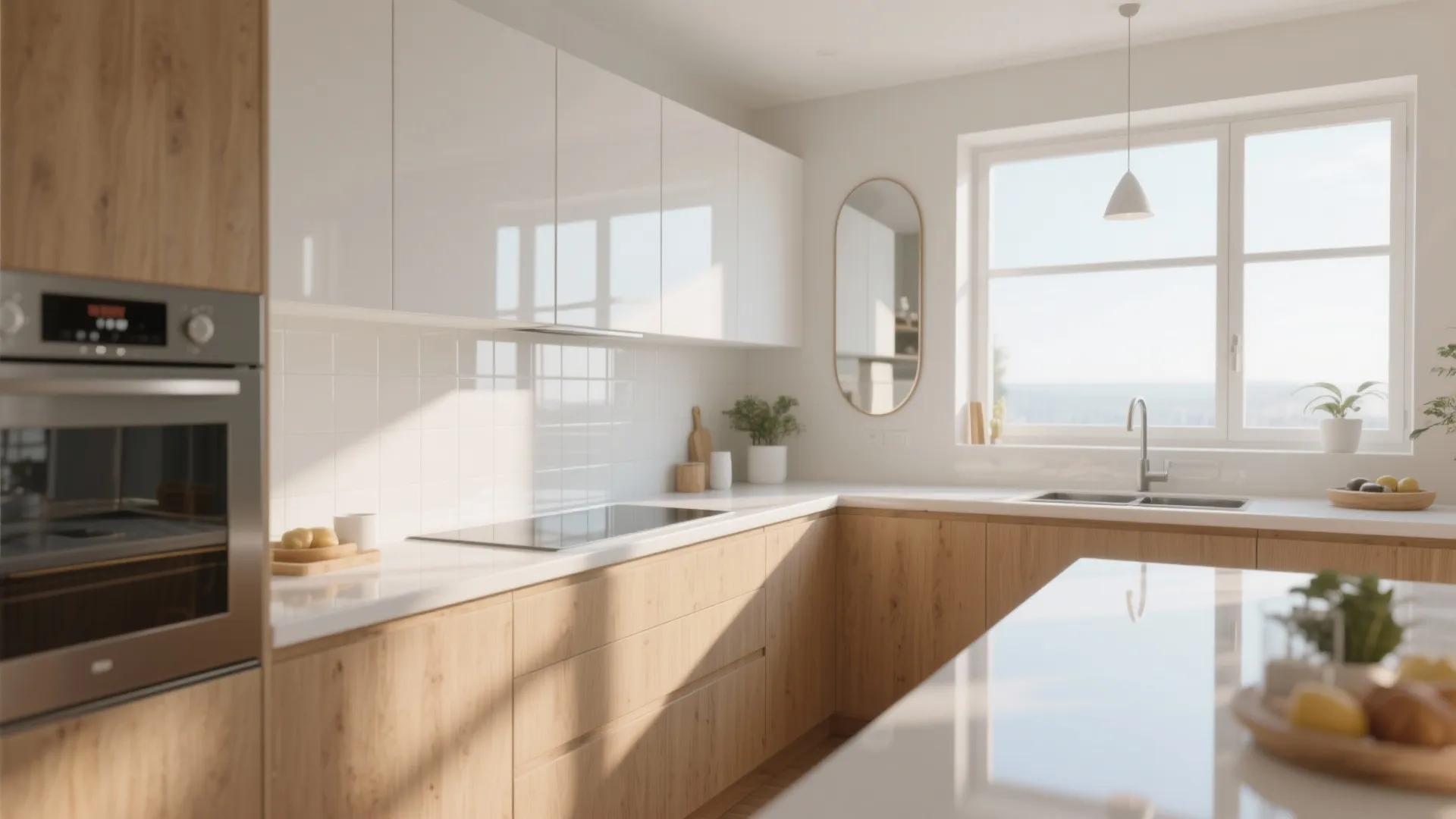 Modern kitchen with white upper cabinets wooden lower cabinets large window and bright natural sun light