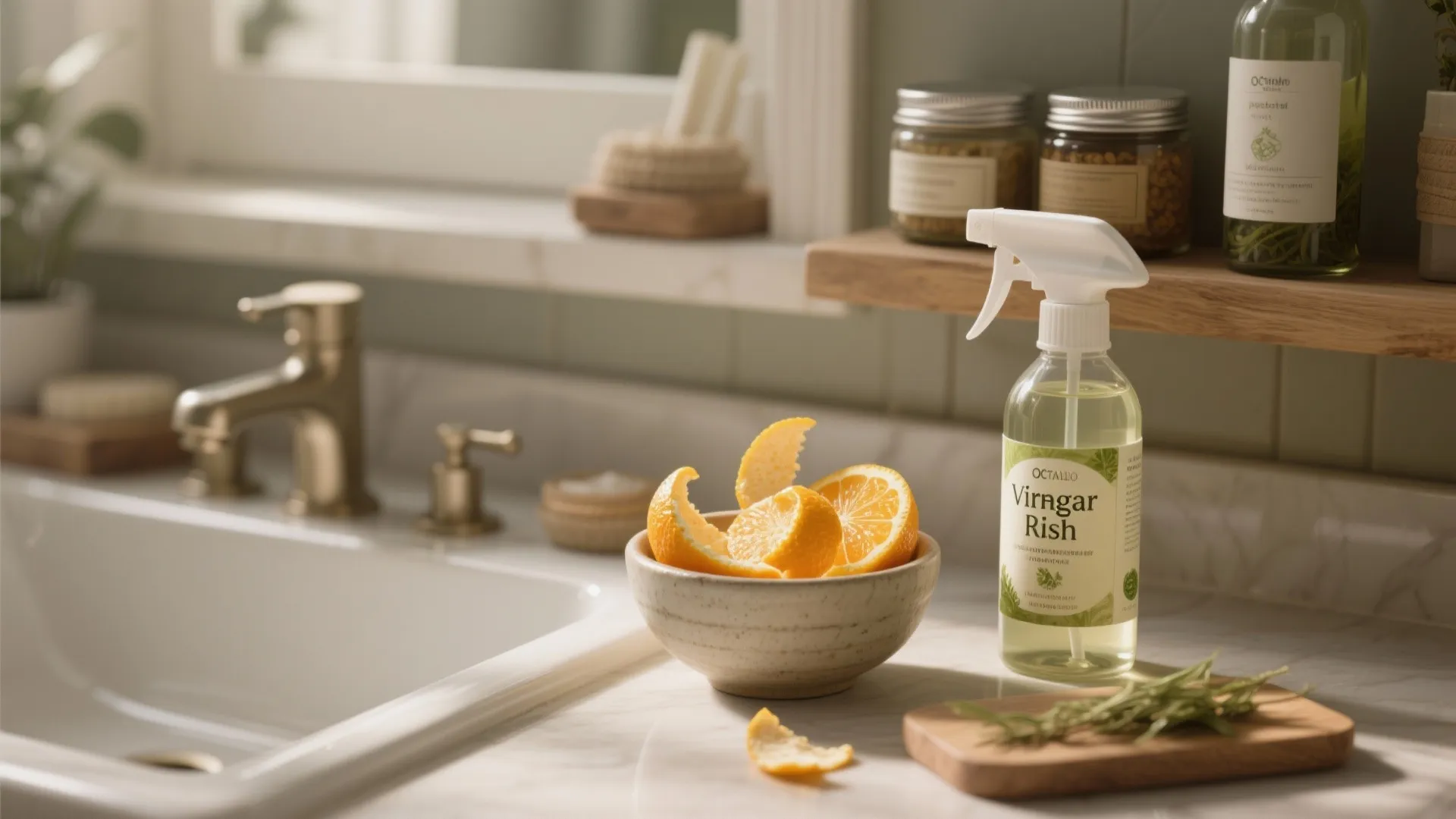 Natural cleaning spray bottle with orange peels in a bowl near a bathroom sink faucet