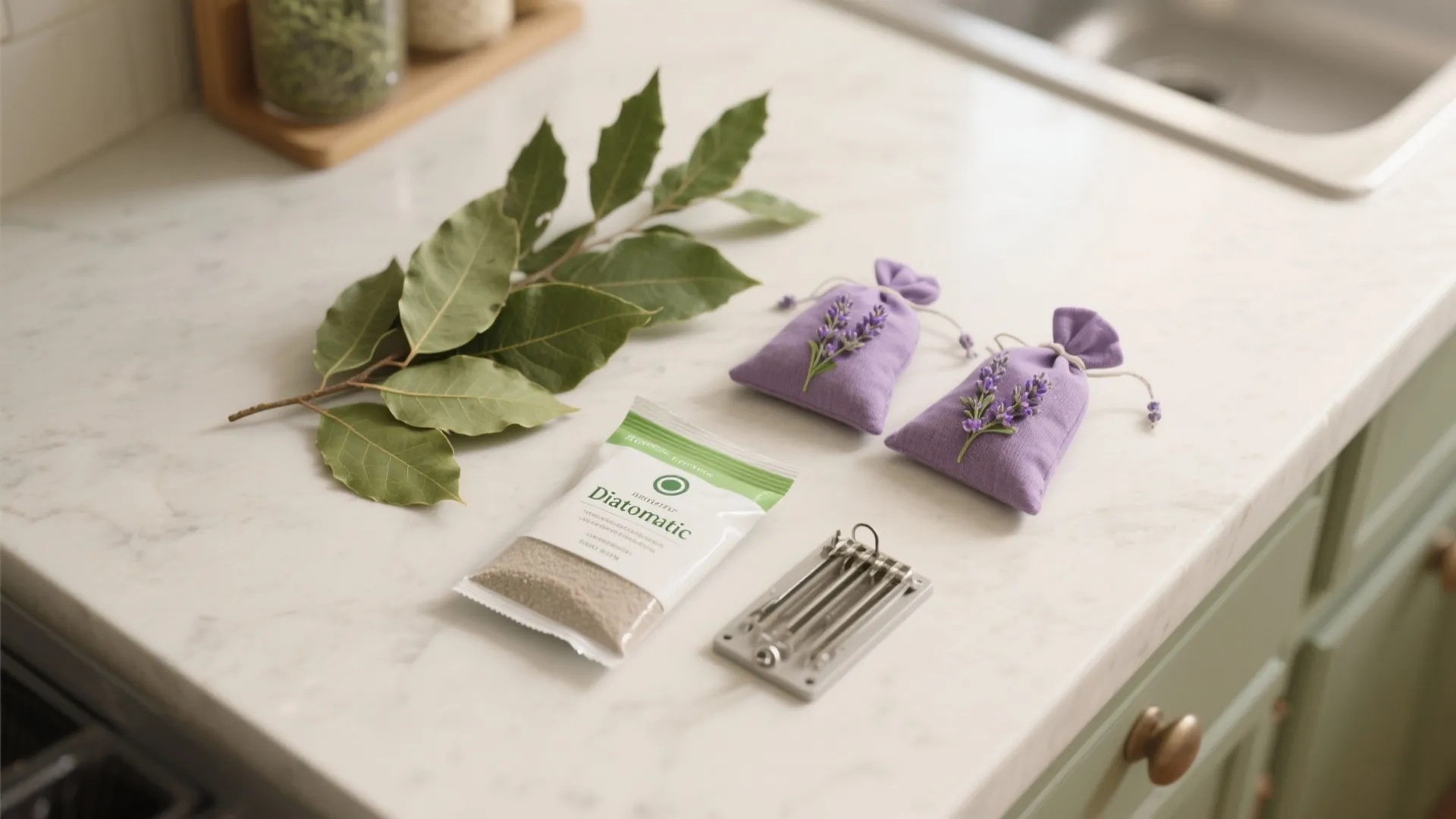 Kitchen counter with green leaves purple scent bags and a small white packet for natural pests