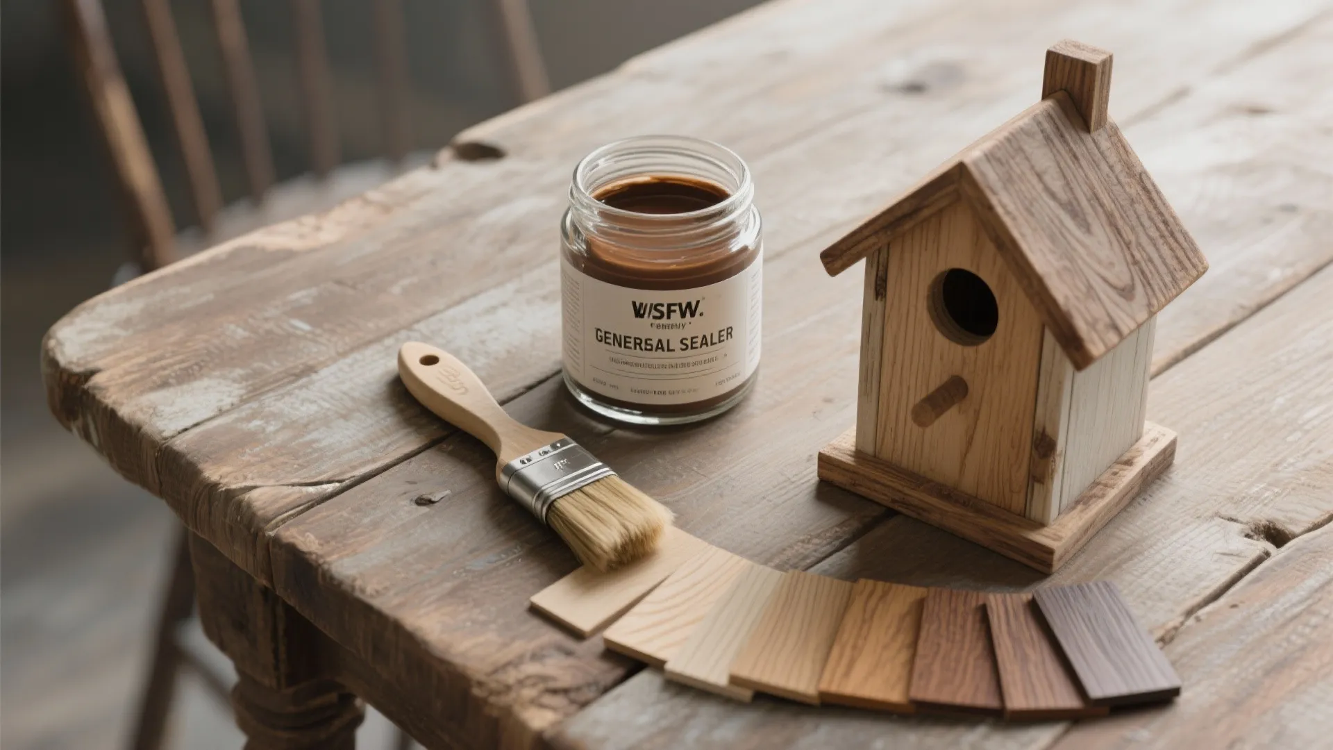Brown wood sealer jar with a small brush and wood stain samples on wooden table