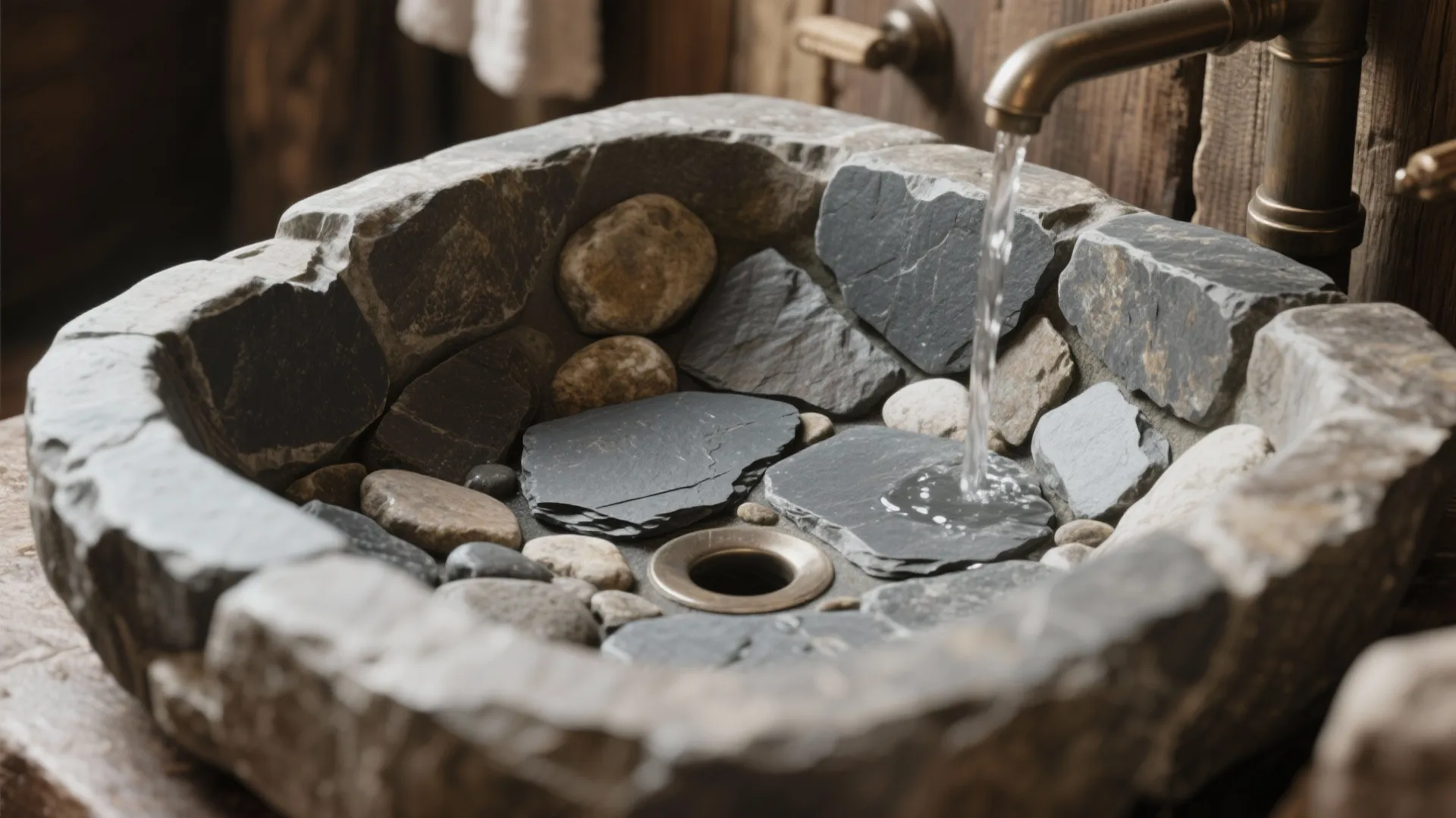 Unique stone bathroom sink filled with gray pebbles and water flowing from a metal tap