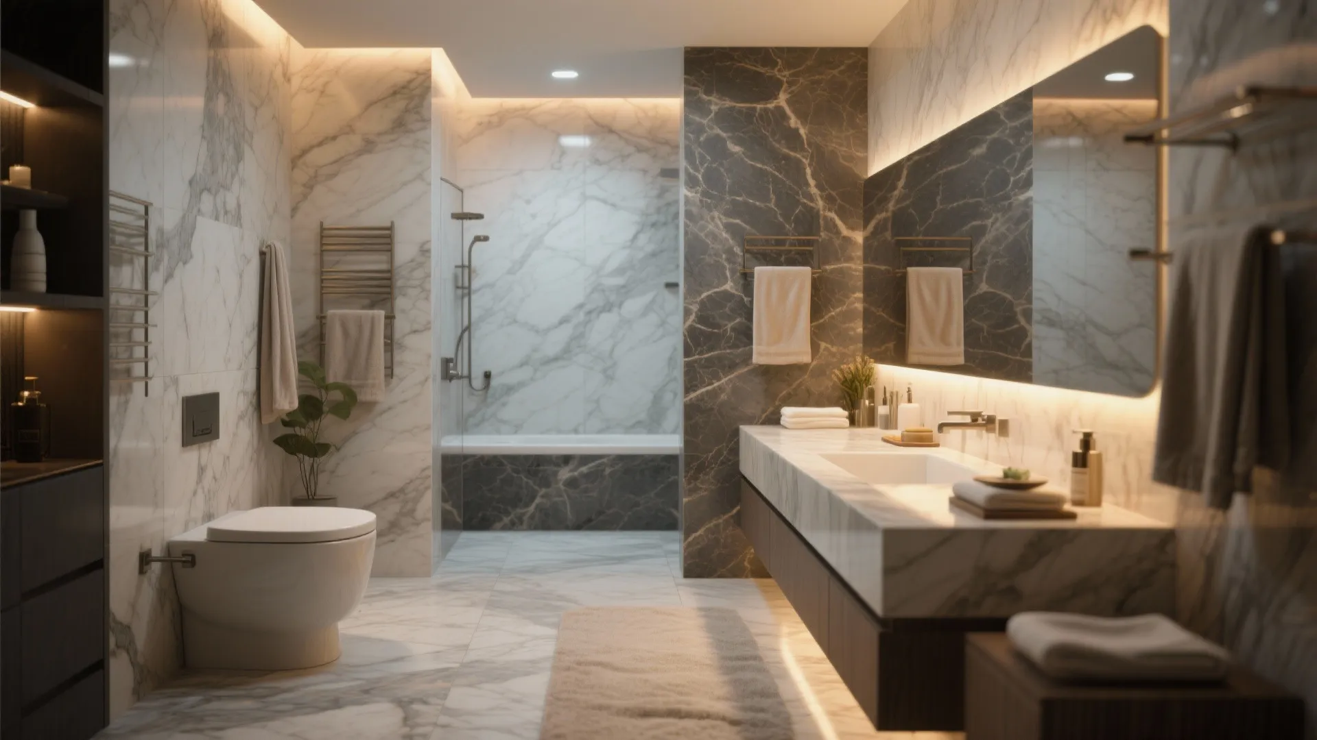 Luxury bathroom with marble walls white toilet and long vanity mirror with warm light fixture