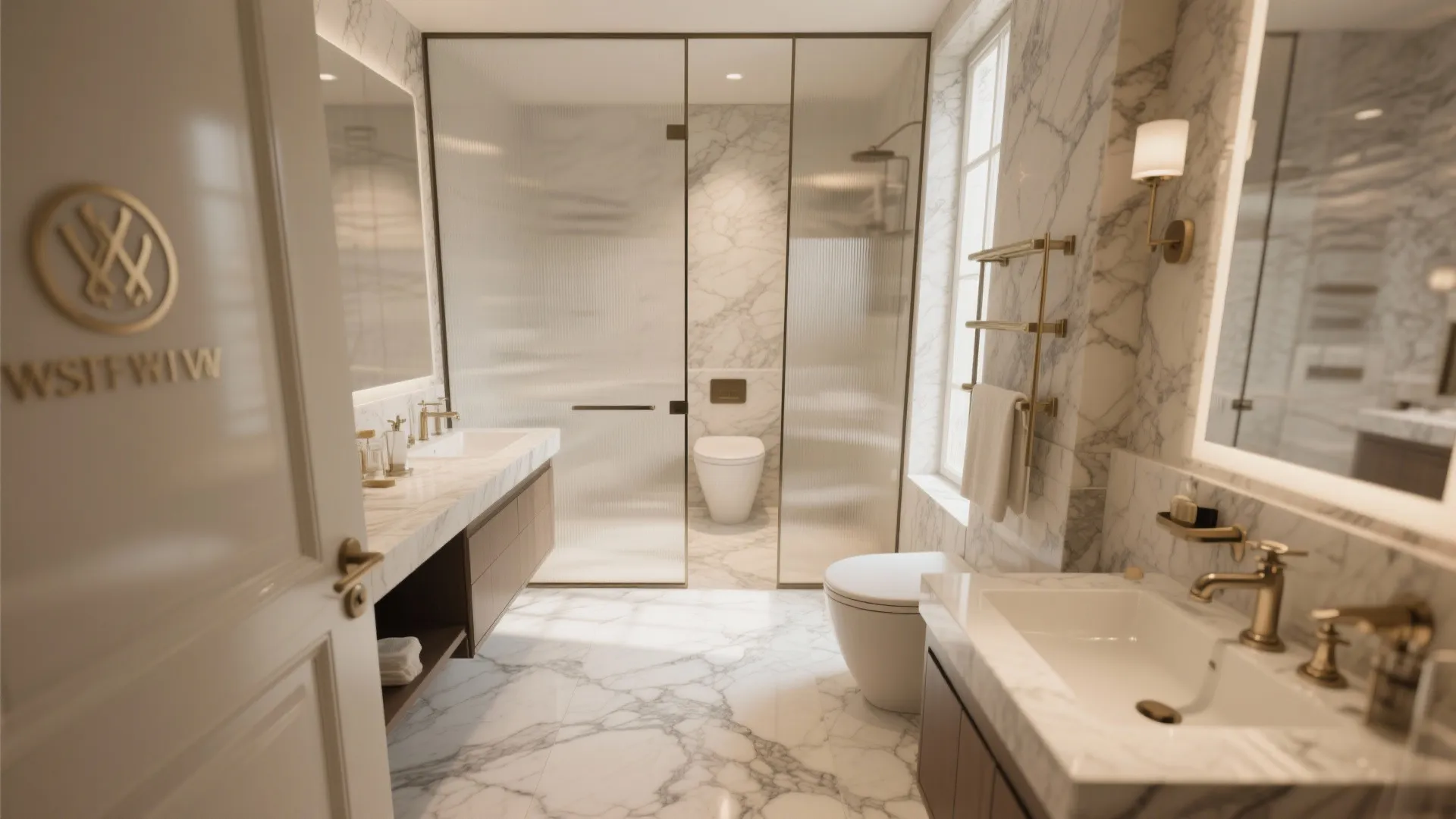 White marble bathroom with double sink and glass wall and gold light fixture and mirror