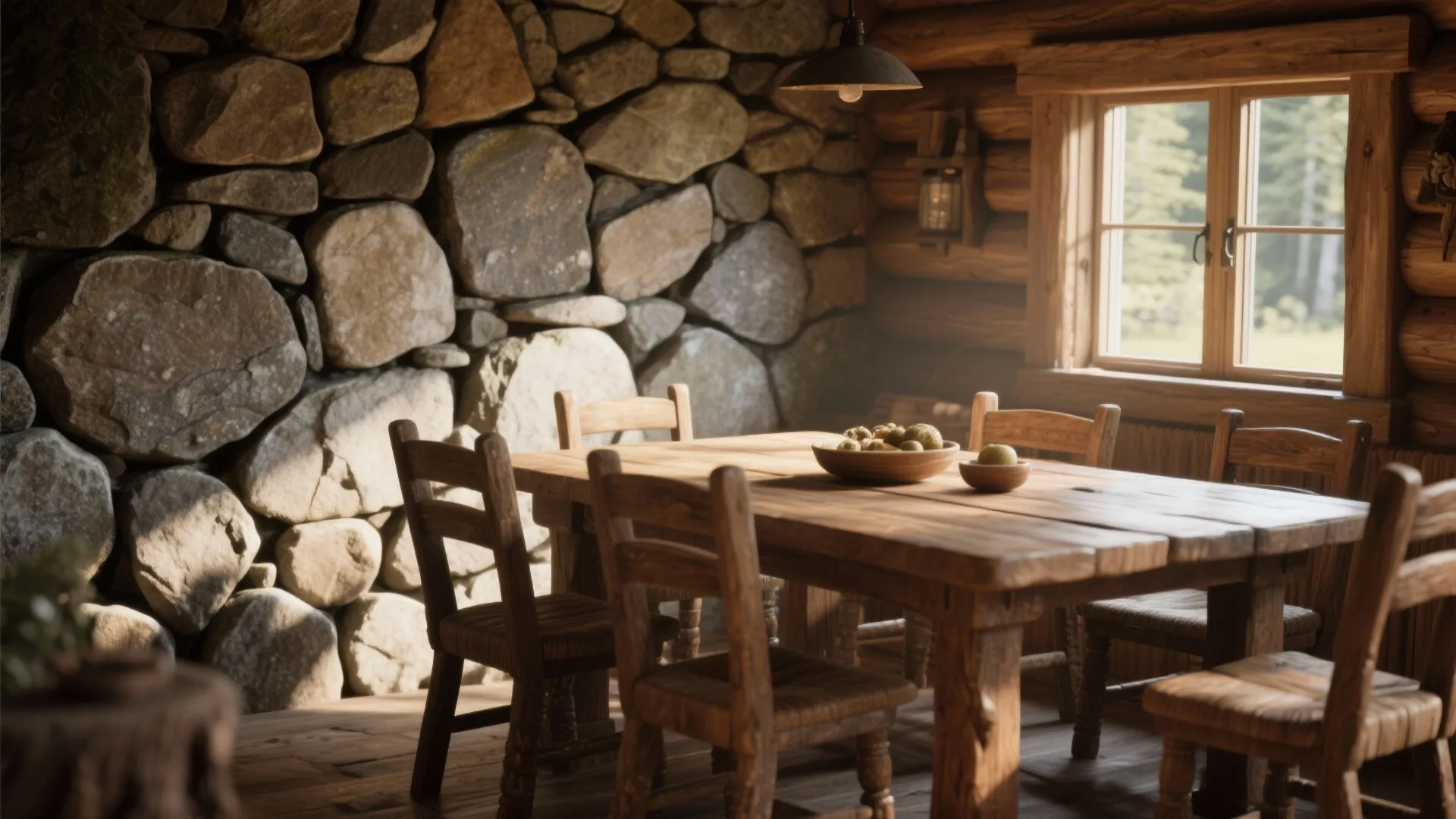 Rustic dining room featuring a wooden table and chairs with a textured natural stone wall