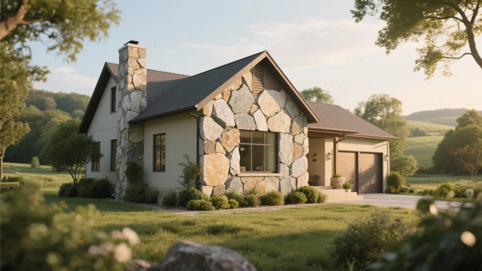 Traditional house featuring natural stone exterior walls with a stone chimney and a double garage