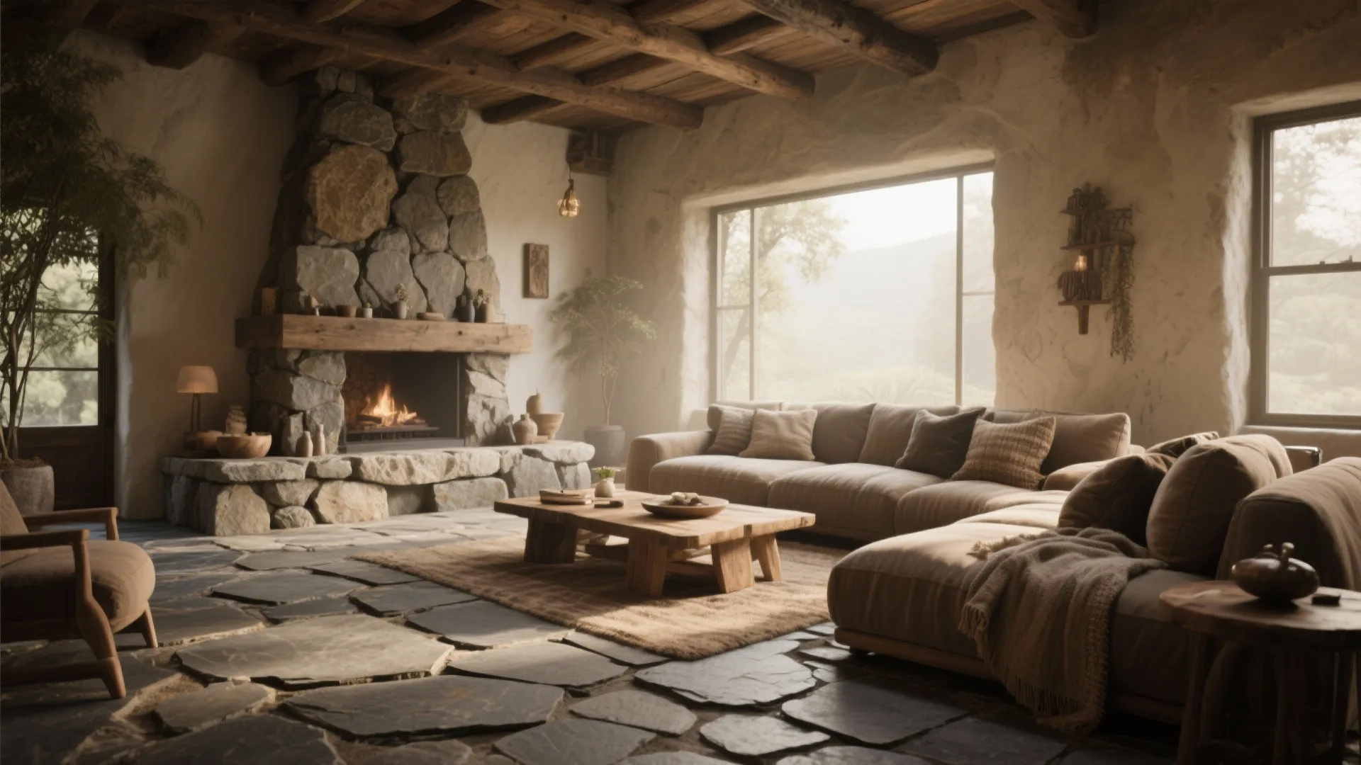 Rustic living room with natural slate stone flooring and warm daylight