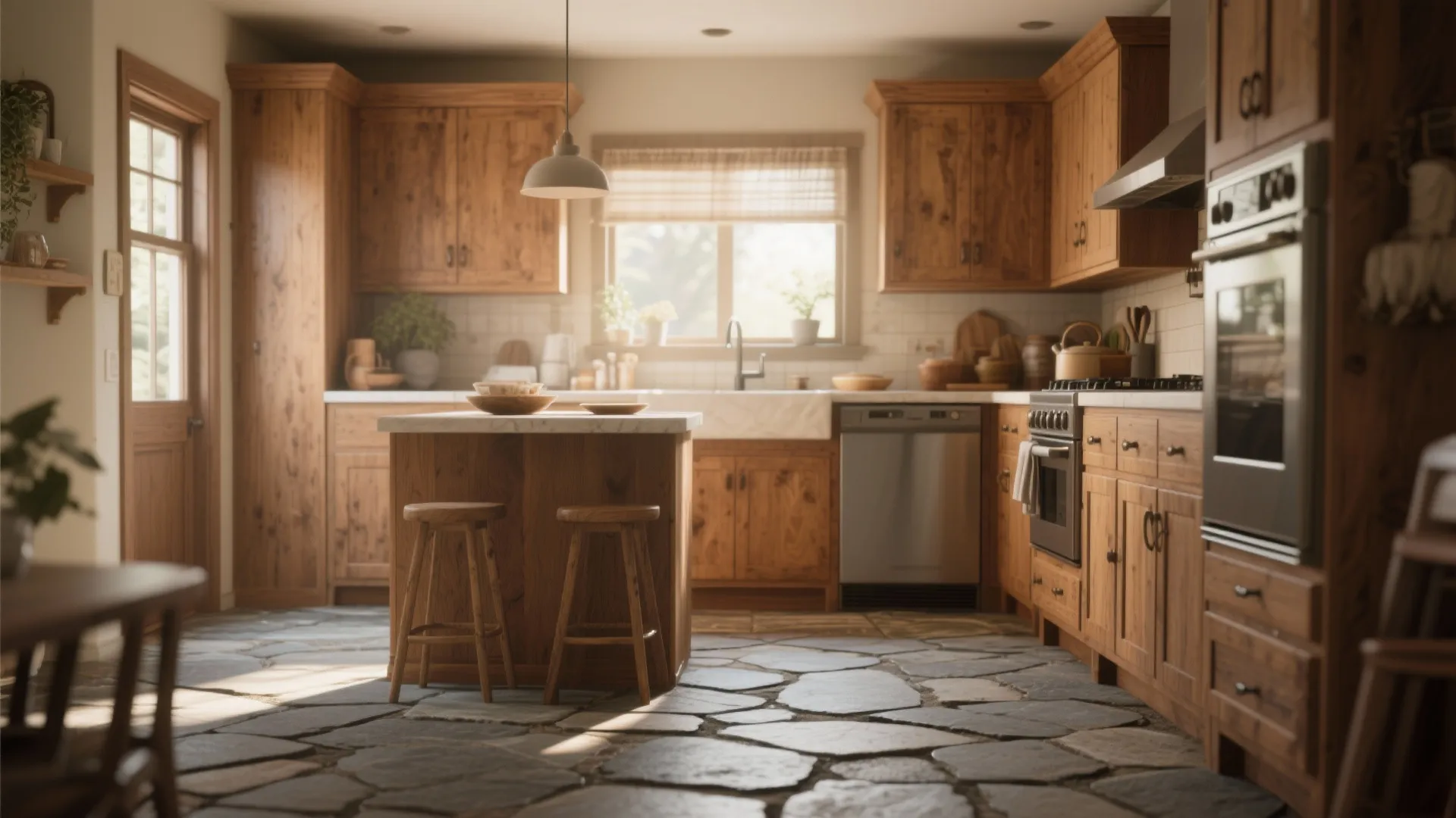 Rustic kitchen with wooden cabinets island and natural stone floor tiles under soft window light