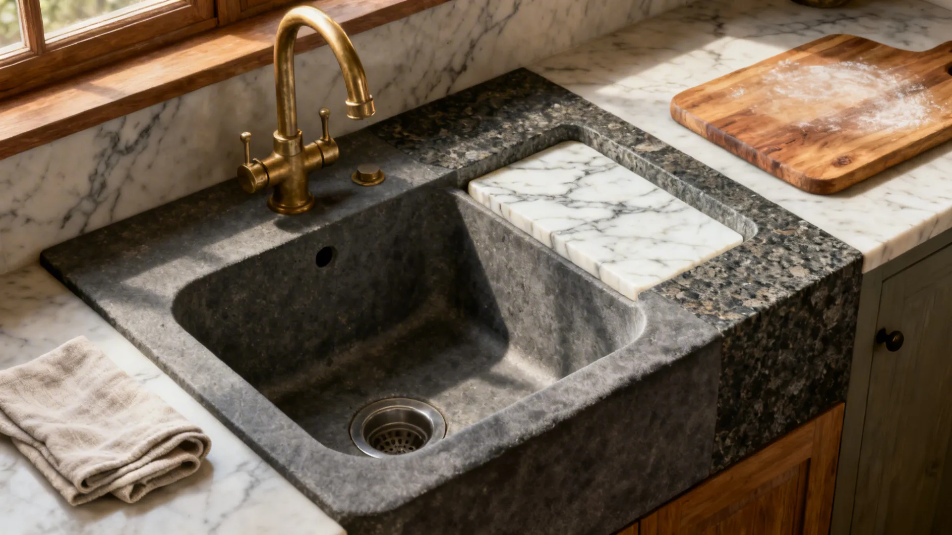 Compact kitchen with honed soapstone sink zone, granite run, and a marble insert.