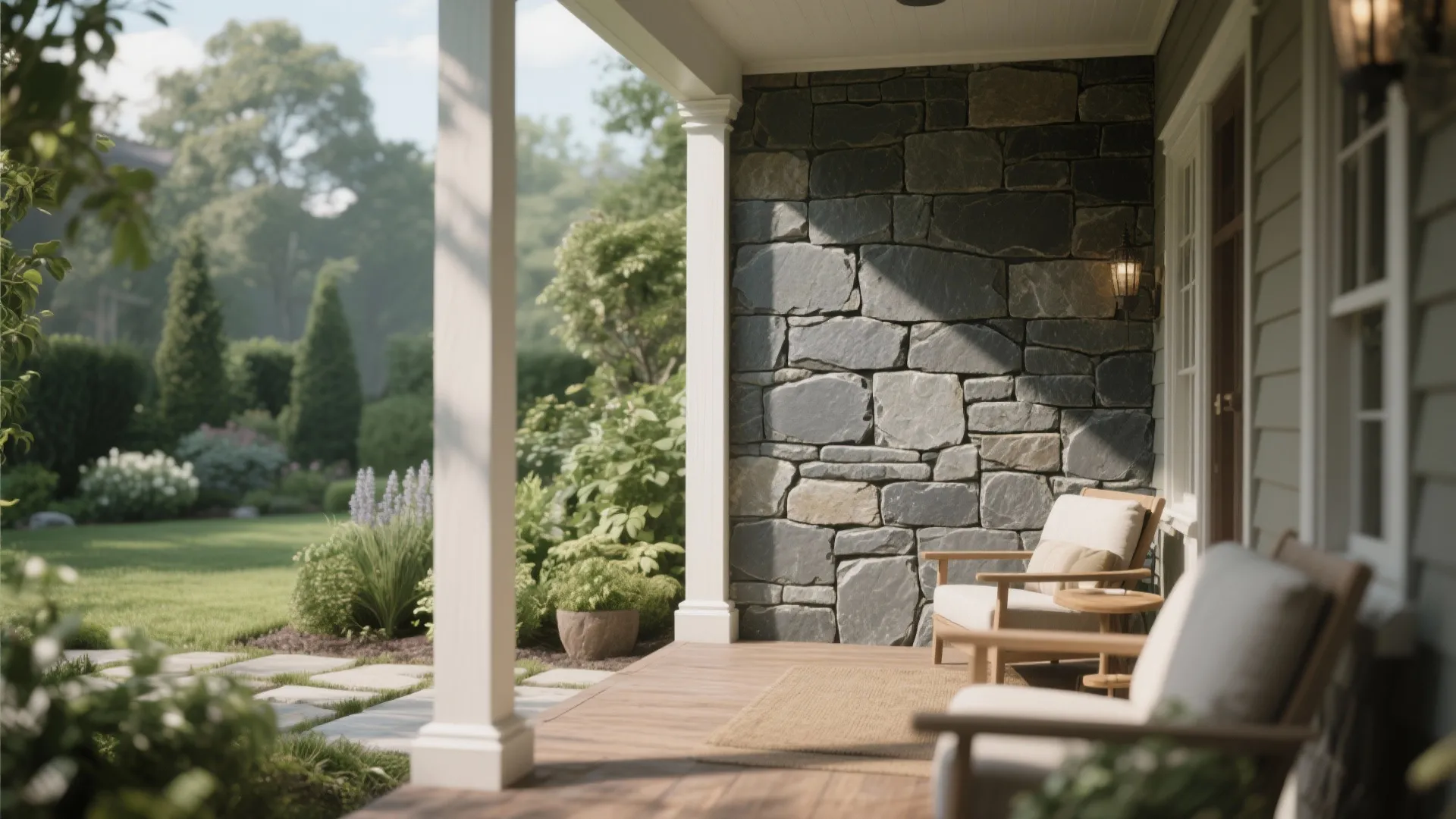 Outdoor porch with natural stone wall, wooden chairs, white cushions, and view of green garden