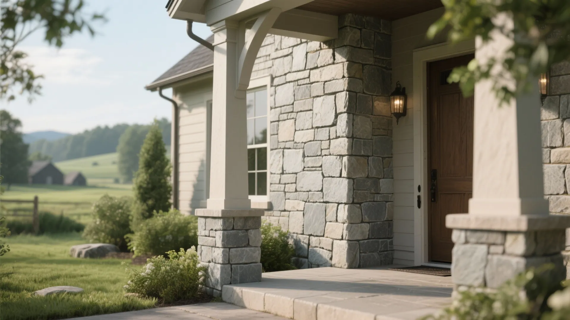 House exterior featuring a natural grey stone wall with a wooden door and wall light