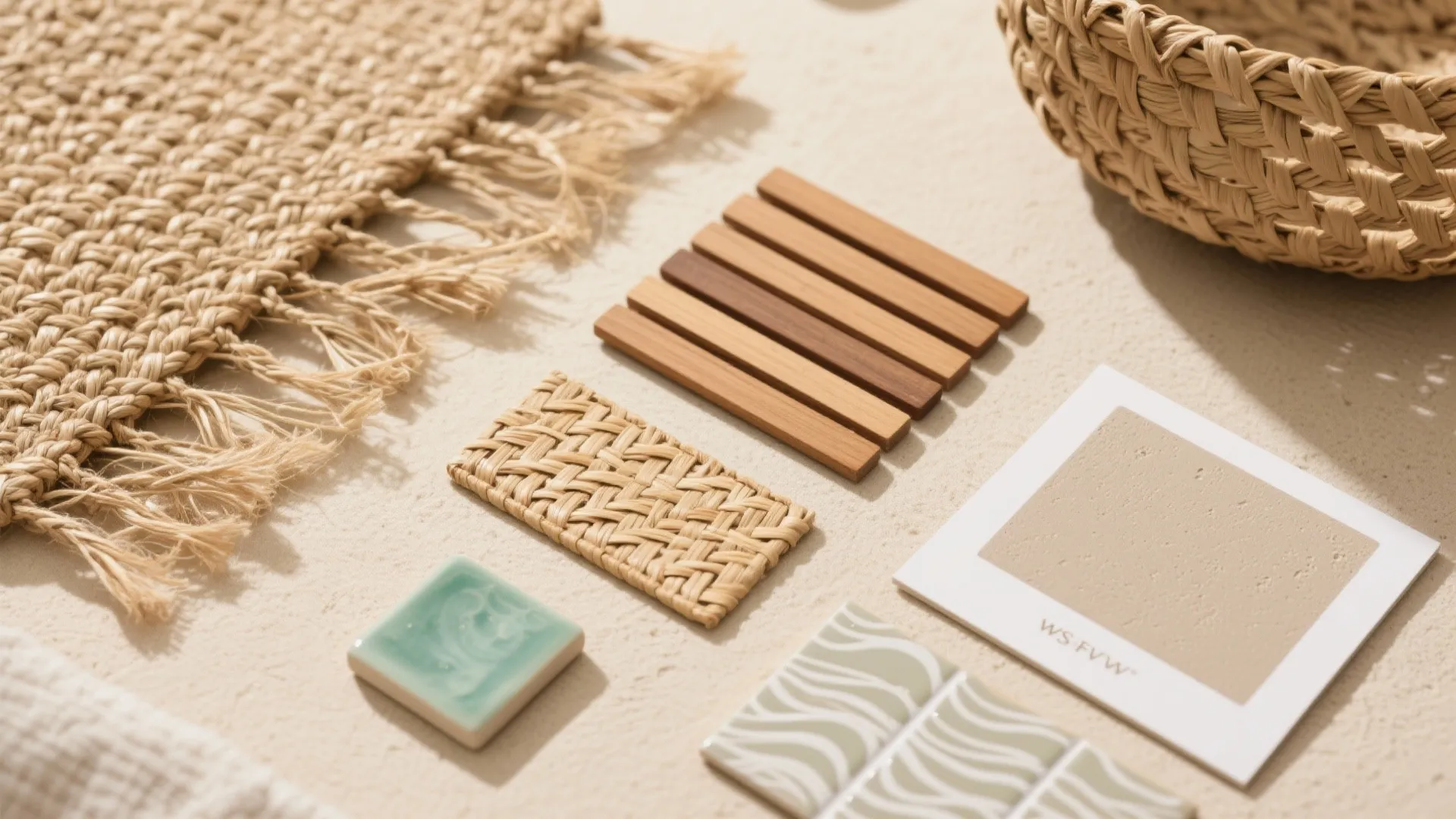 Top-down layout of seagrass, teak, rattan, vinyl tile, and matte sand-textured paint samples.