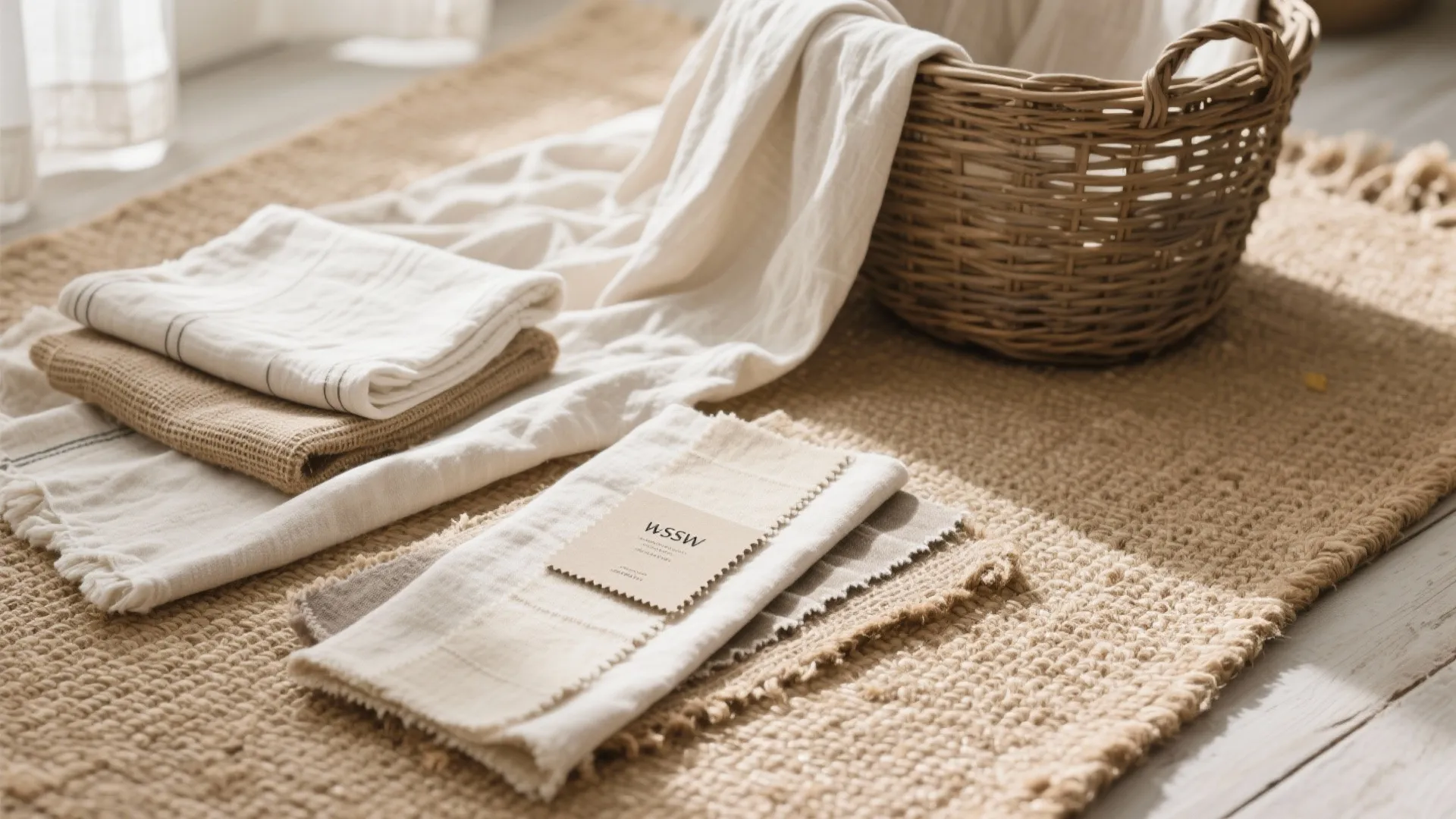 Flatlay of jute rug, linen fabric, and wicker basket in neutral tones