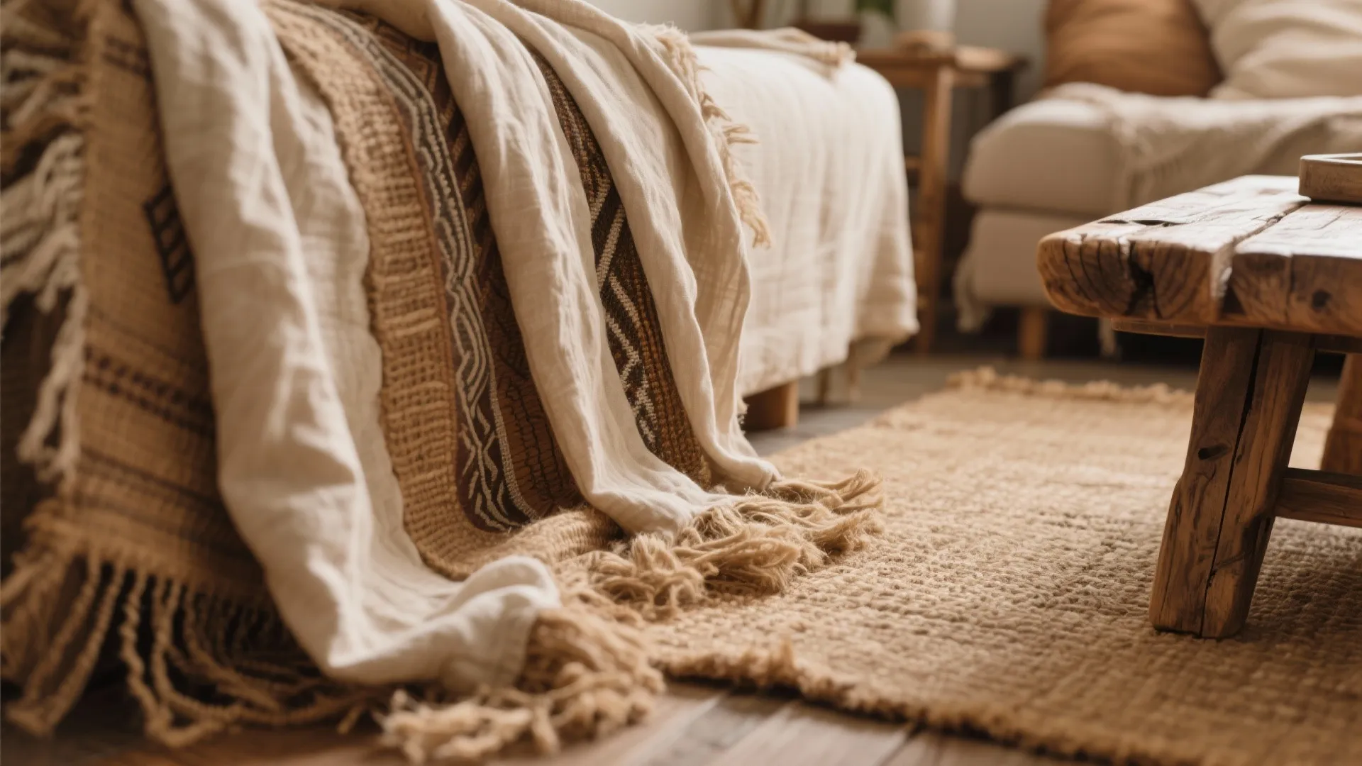 Textured woven blanket with tassels draped over a bed next to a natural jute rug