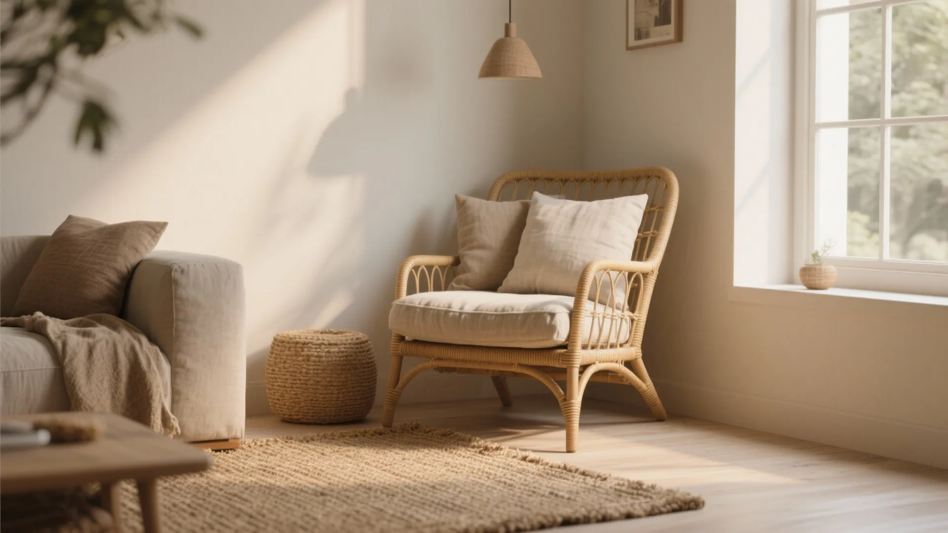 Bright cozy living room corner featuring a rattan armchair with cushions and a woven rug