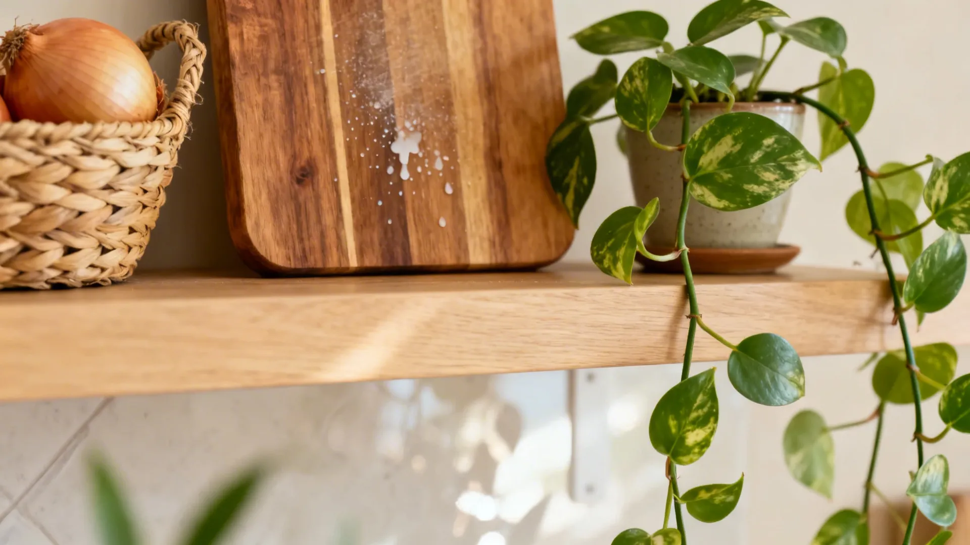 Macro of a pothos plant, wooden board, and woven basket adding warmth to a kitchen shelf.