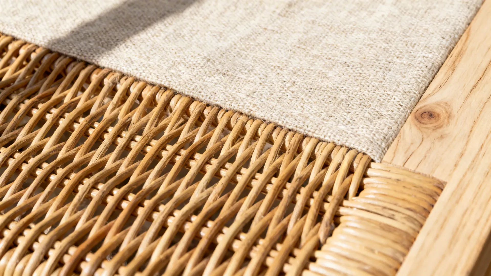 Macro of rattan weave, white oak grain, and linen slub showing warm organic texture.