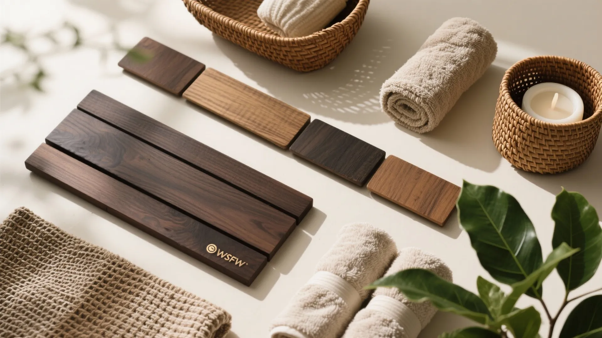 Dark and light wood floor samples displayed with woven baskets towels and a white candle