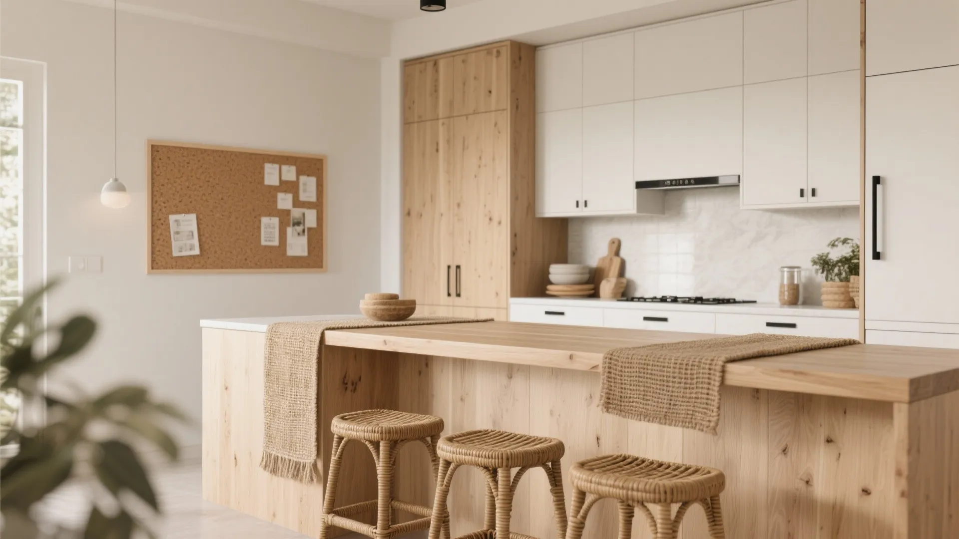 Warmth with natural textures: wood accents and woven elements