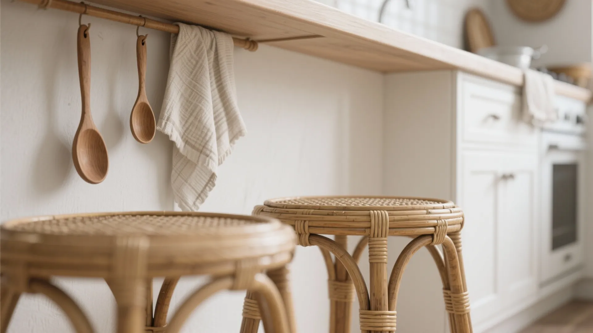 Rattan stools and wooden spoons in white kitchen