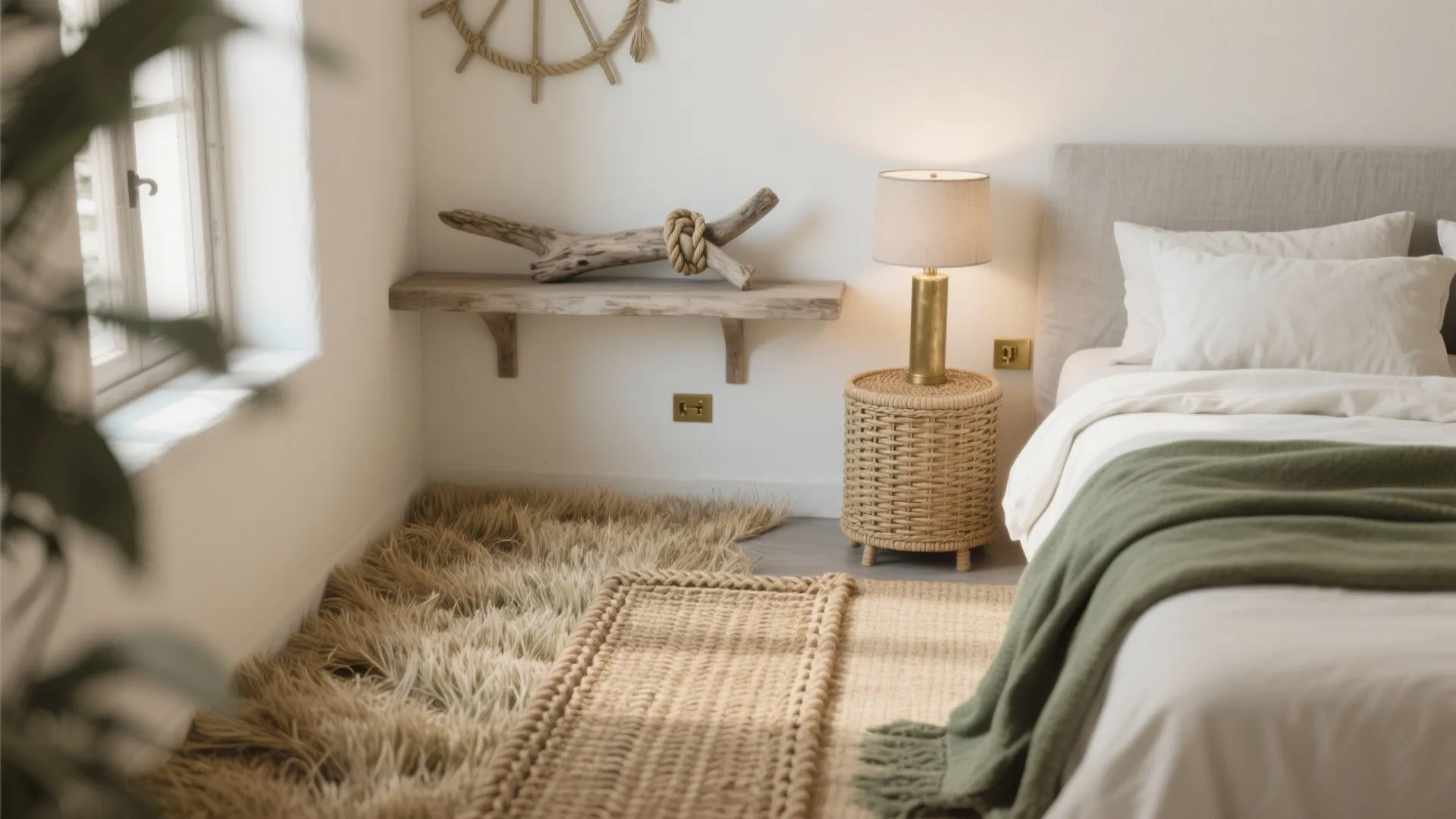 Cozy bedroom with textured rugs wooden wall shelf small table light and soft green blanket